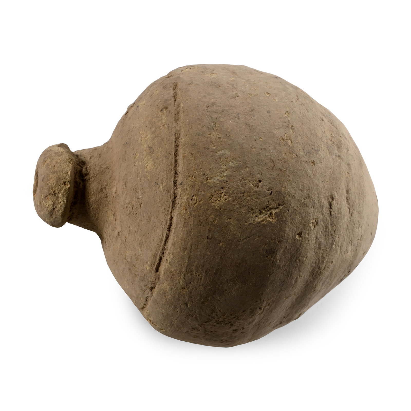 Byzantine 'Greek Fire' Ceramic Fire Bomb or Hand Grenade: 9th-11th century A.D. Bulbous body with a domed mouth, a circumferential band on the shoulder; intended to be filled with explosive liquid and a wick, and used as a hand grenade. Cf. Arendt, W. I., Gr