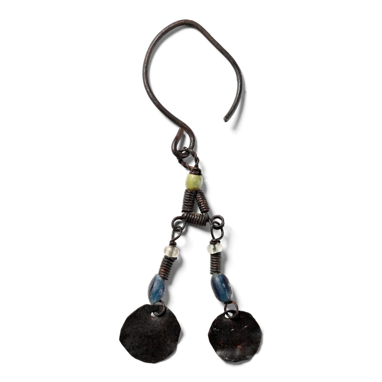 Byzantine Bronze Earring with Bead Drops: 12th-15th century A.D. Hook earring with wire and glass bead dangles, disc spangles. 1.56 grams, 65 mm (2 1/2 in.). [No Reserve] From the private collection of Mr Brian Edwards, New Malden, Surrey, UK
