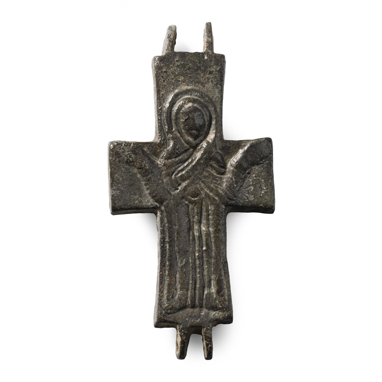 Large Byzantine Bronze Reliquary Cross Pendant Plate with Saint: Circa 10th-12th century A.D. An enkolpion plate with hinge-loops, nimbate robed figure at the centre in orans pose. 16.5 grams, 68 mm (2 5/8 in.). [No Reserve] From the private coin collection of a We