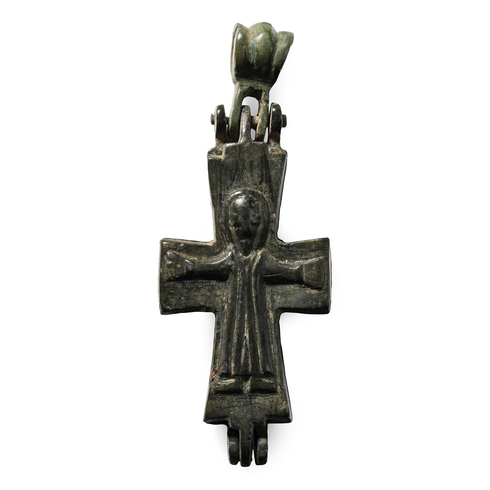 Byzantine Bronze Reliquary Cross Pendant with Saints: Circa 10th-12th century A.D. Enkolpion with hinged loop, nimbate figure in orans pose to obverse, Corpus Christi to reverse. 14.2 grams, 56 mm (2 1/4 in.). [No Reserve] From the private coin collectio