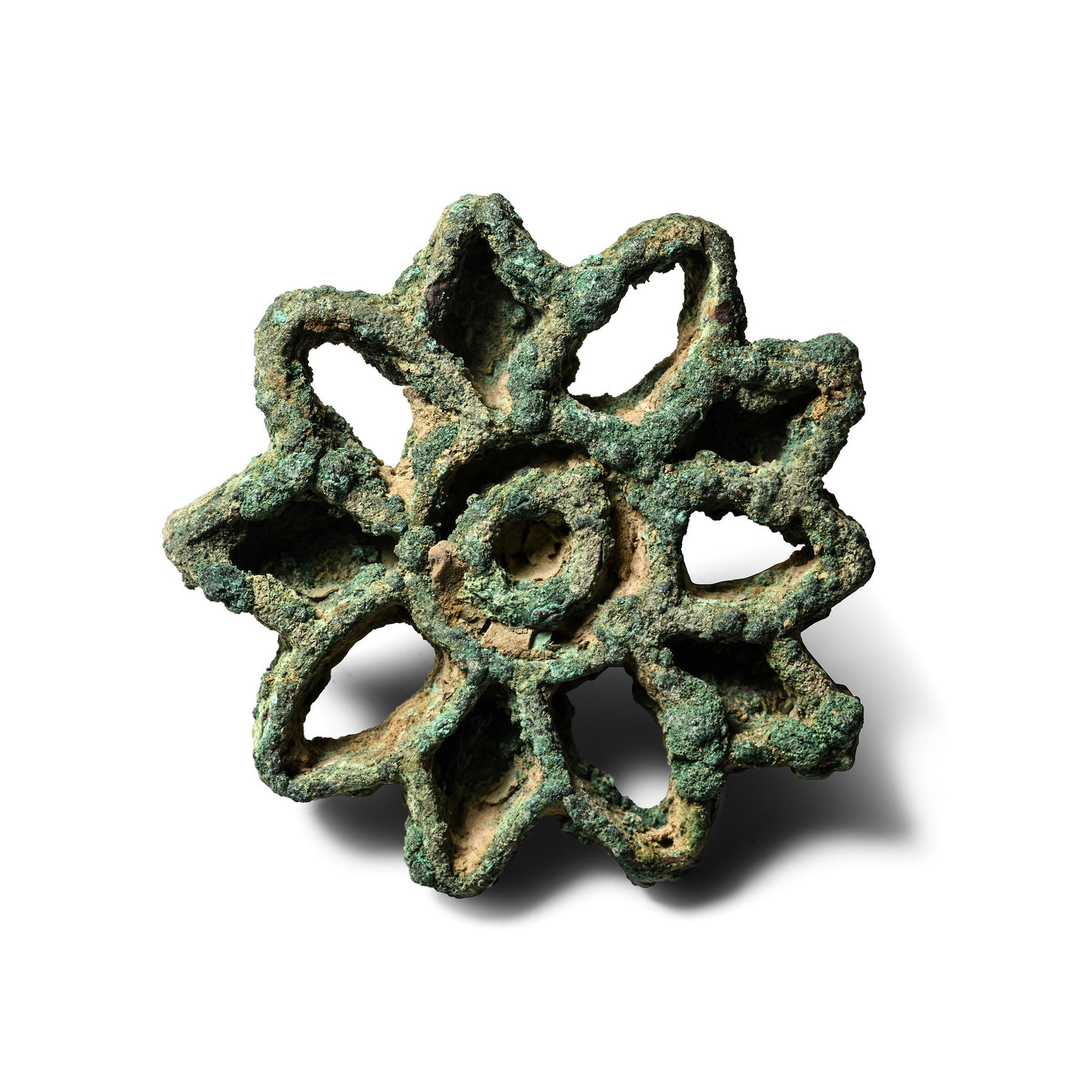 Large West Central Asian Bronze Star-Shaped Rosette Seal Matrix: Circa 2300-2000 B.C. Openwork seal with a triangular loop on the reverse, accompanied by an old scholarly note, typed and signed by W.G. Lambert, late Professor of Assyriology, University of Birmingha