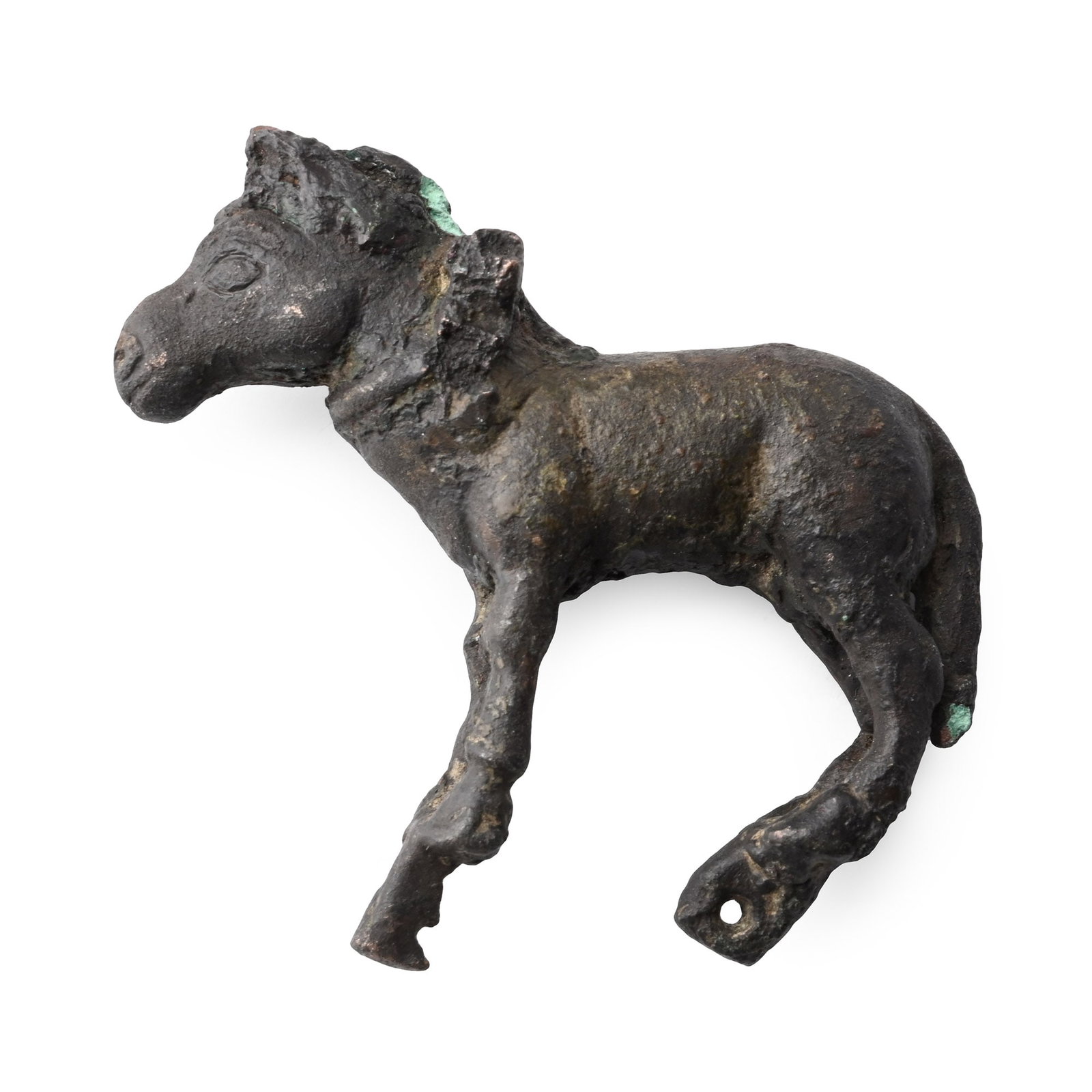 Western Asiatic Bronze Horse Statuette: 2nd-3rd century A.D. Modelled in the round as a stocky horse or a mule with pierced lugs beneath the hooves, a looped neck harness around the neck. 106 grams, 66 mm (2 5/8 in.). [No Reserve] From the 