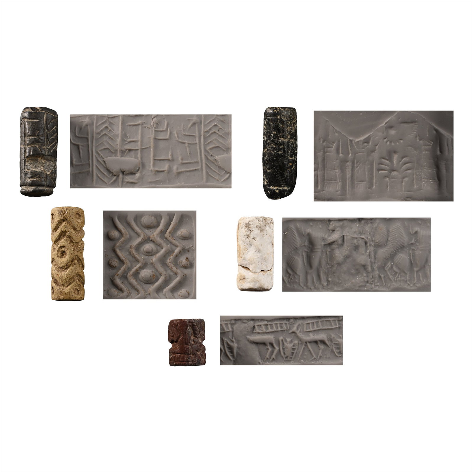 Western Asiatic Stone Cylinder Seal Group: 2nd-1st millennium B.C. Comprising: frieze of standing figure and winged opponent, cracked and repaired; frieze with faravahar above a hearth, standing figures, top partly absent; linear representatio