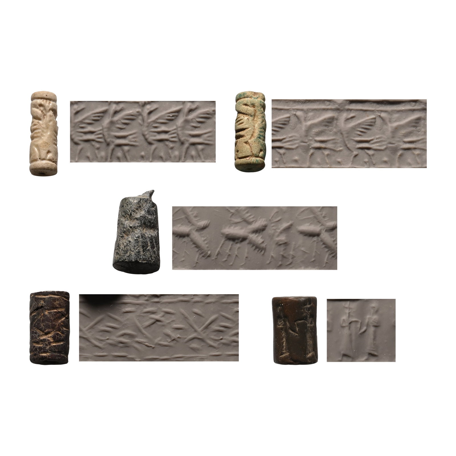 Western Asiatic Stone Cylinder Seal Group: 3rd-1st millennium B.C. Comprising: band of geometric figures (birds?) within borders of broken lines; frieze of standing birds each with head turned on a long neck and one wing extended; frieze of zo