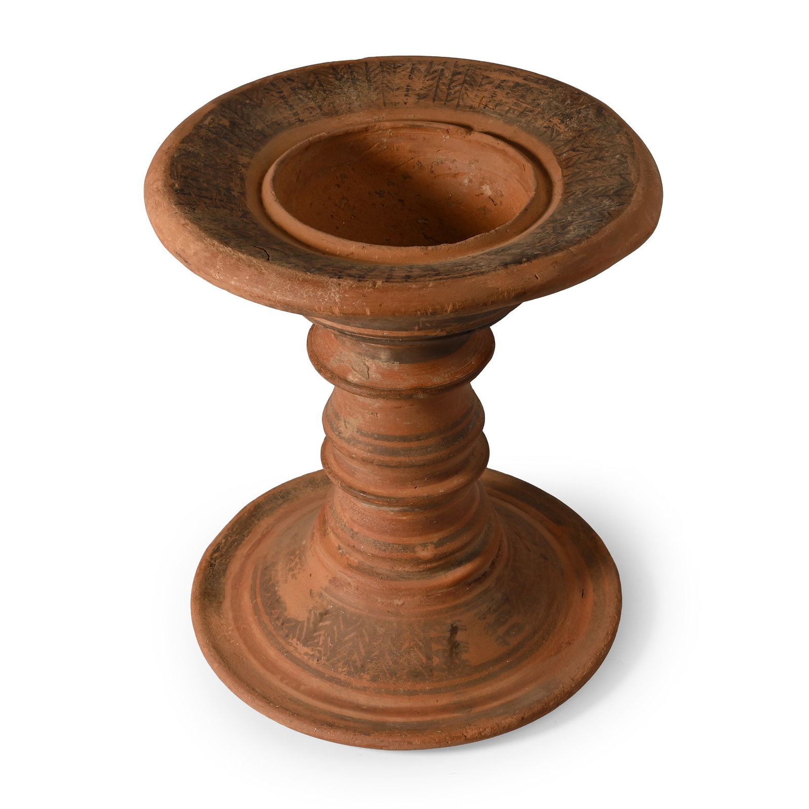 Bactrian Terracotta Vessel Stand: 1st millennium B.C. With flange rim, flared base, stem with collars, and some painted decoration to the rim and neck. 1.67 kg, 21.5 cm high (8 1/2 in.). Ex Abelita family collection, 1980s-2000s. Time