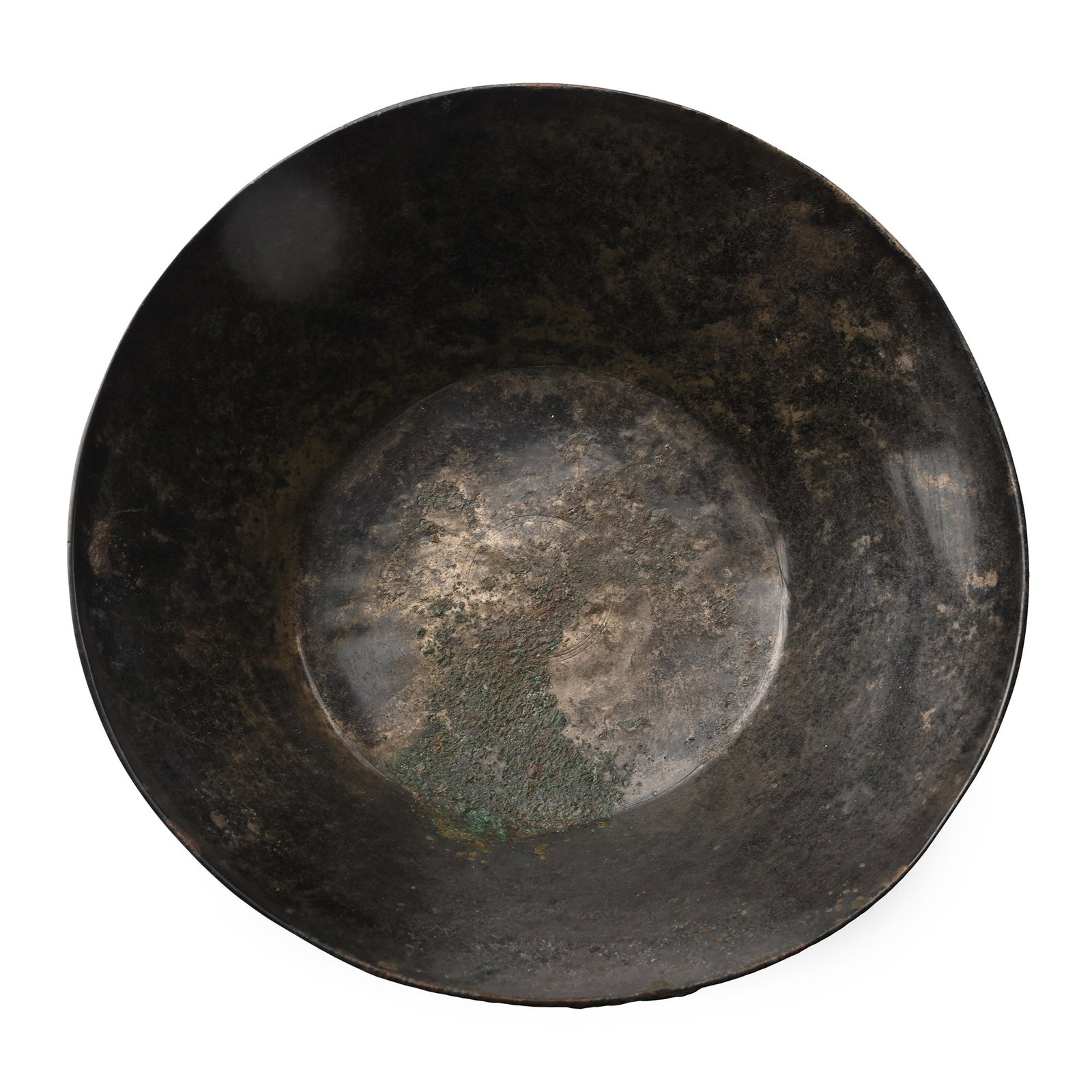 Sasanian Bronze Bowl: 4th-6th century A.D. Broad and squat with flared sidewall and rounded edge to the mouth, concentric rings to inner centre. 241 grams, 17.5 cm (6 7/8 in.). Ex Abelita family collection, 1980s-2000s. Ti