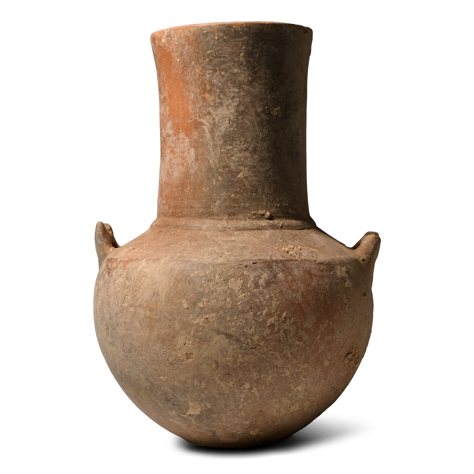 Large Western Asiatic Pottery Vessel: 1st millennium B.C. Bulbous body with a raised band beneath the tubular neck, two pierced lug handles on the shoulder. 965 grams, 23.8 cm (9 3/8 in.). From an important specialist collection, London, 