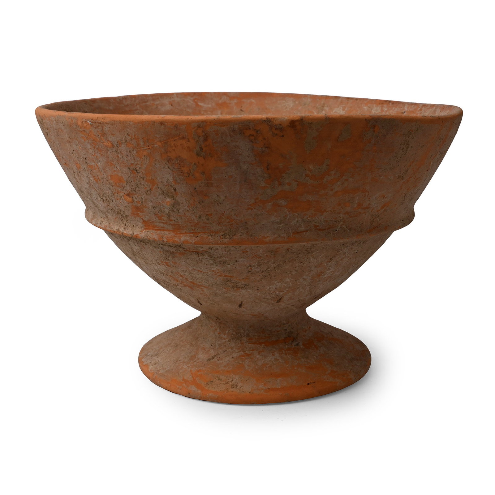 Western Asiatic Squat Terracotta Chalice: 1st millennium B.C. Comprising a hemispherical bowl with carination and a flaring foot. 838 grams, 19 cm (7 1/2 in.). Ex Abelita collection, 1990s. TimeLine Auctions follows a rigorous vetting process