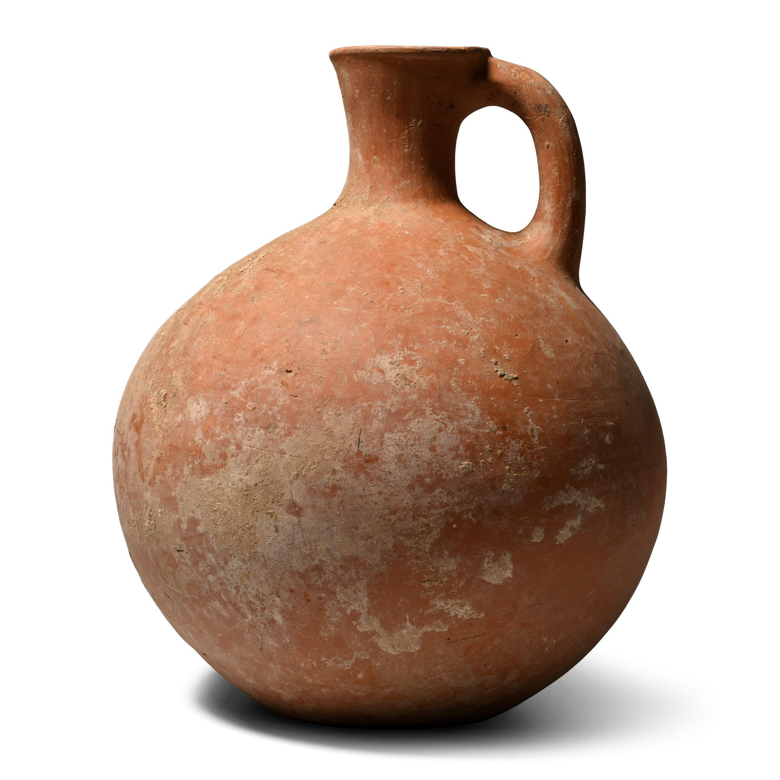Western Asiatic Pottery Vessel with Handle: 1st millennium B.C. Bulbous body with a flat base and a narrow funicular neck, a round-section handle to the rear. 571 grams, 18.5 cm (7 1/4 in.). From an important specialist collection, London, UK, 