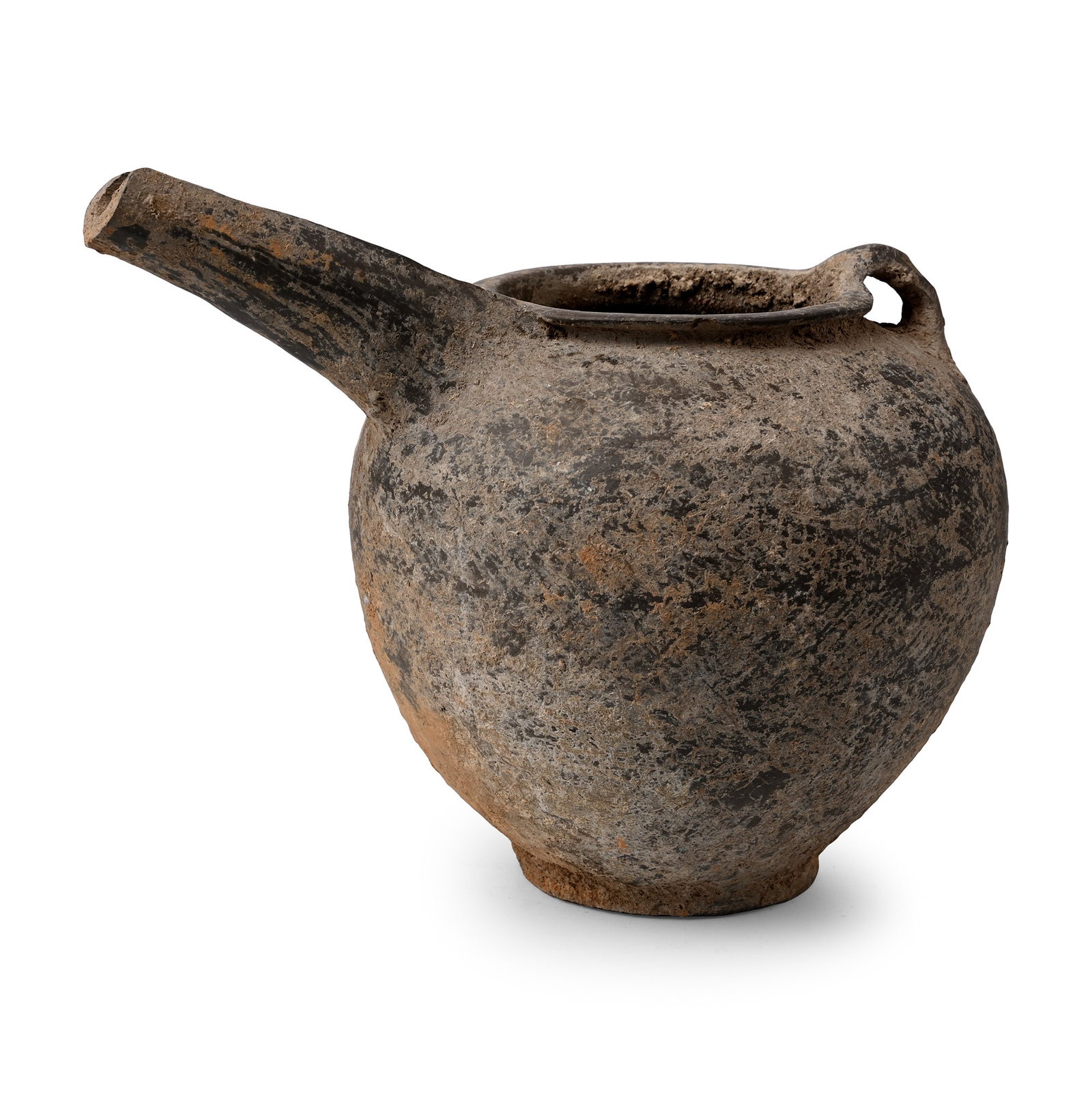 Amlash Zoomorphic Terracotta Pouring Vessel: 1st millennium B.C. Bulbous body with a narrow foot, an everted rim and a U-shaped spout, the body with bands of densely arranged herringbone decoration. 437 grams, 18 cm wide (7 1/8 in.). Ex Abelita 