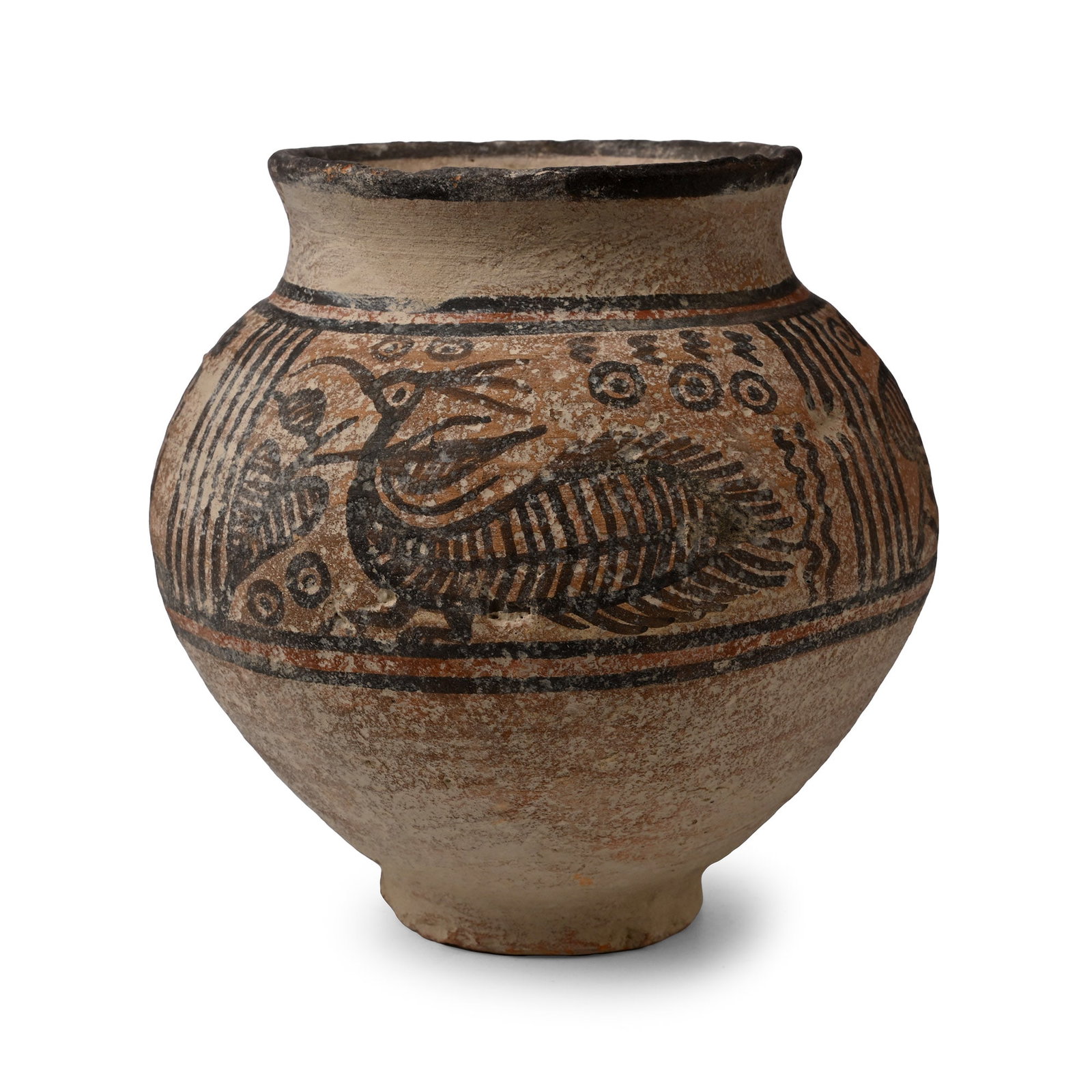 Western Asiatic Terracotta Vessel with Zebu and Peepal Leaves: 1st millennium B.C. Bulbous body with a narrow foot and short tubular neck, polychrome band with a peacock, peepal leaves, and a standing zebu. 505 grams, 13.9 cm (5 1/2 in.). Ex Abelita collection, 1