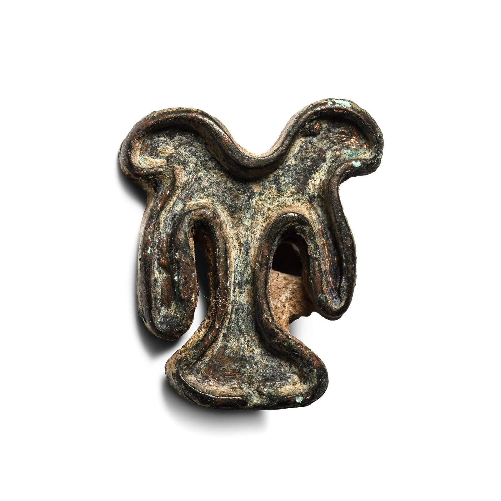 West Central Asian Bronze Double-Headed Heraldic Eagle Seal Matrix: Circa 2300-2000 B.C. Eagle-shaped seal matrix with a large loop on the back, accompanied by an old scholarly note, typed and signed by W.G. Lambert, late Professor of Assyriology, University of Birmin