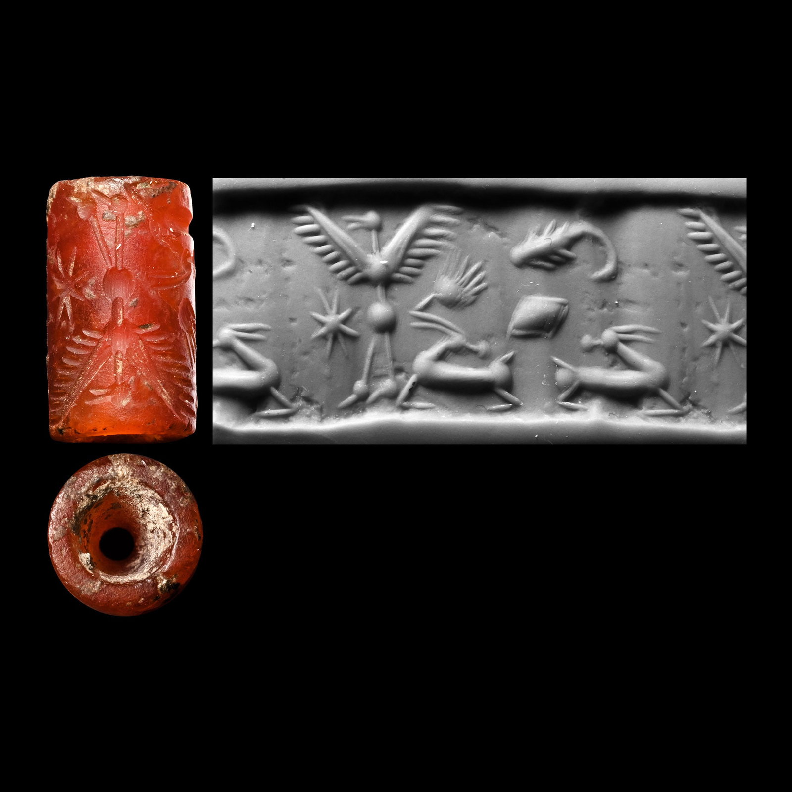 Western Asiatic Carnelian Cylinder Seal with Animals: 1450-1300 B.C. Frieze with two ibexes on the baseline each with its head turned away from a tall bird or winged demon with spread wings; star, scorpion and other objects in the field; supplied with a 