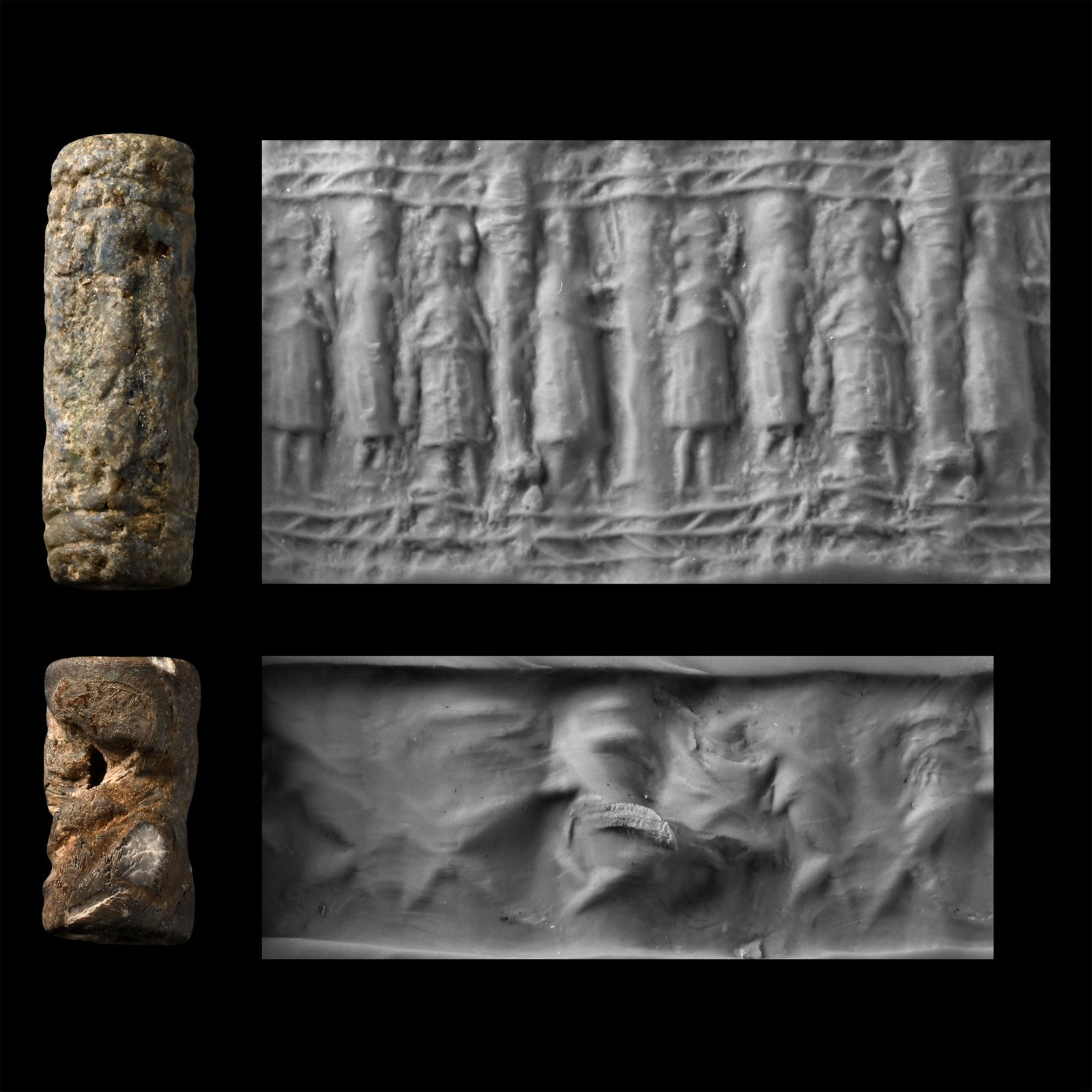 Western Asiatic Cylinder Seal Group: 2nd-1st millennium B.C. Comprising: one slender with frieze of incuse facing and profile figures; one squat with winged figure. 6.38 grams total, 16-27 mm (5/8 - 1 in.). [2, No Reserve] From the colle