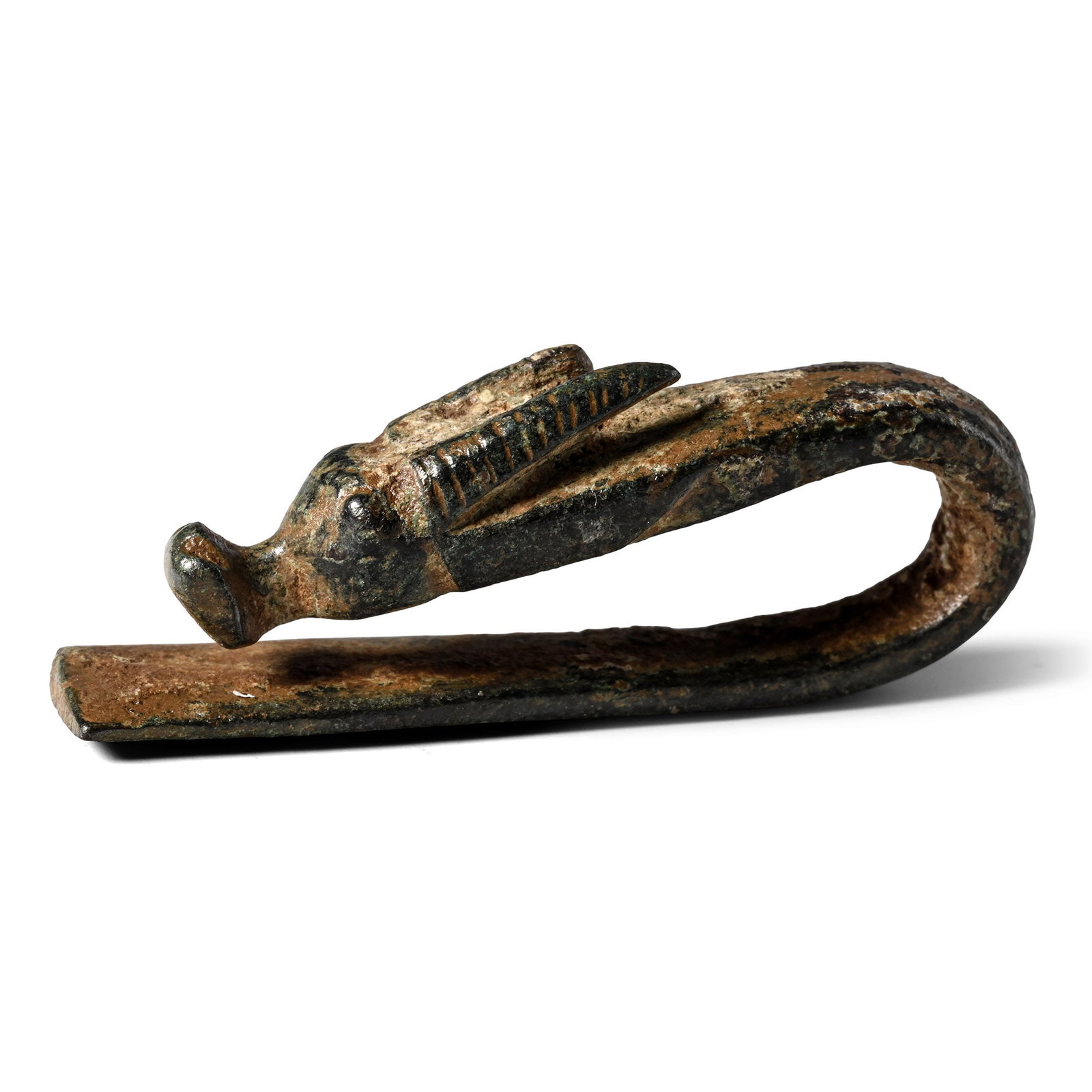 Western Asiatic Bronze Clip Finial with Horned Antelope: Circa 3rd century B.C. Comprising a tapering flat-section bar with tightly recurved thickened neck, integral beast-head finial with a severely waisted muzzle. 18.27 grams, 47 mm (1 7/8 in.). [No Reser