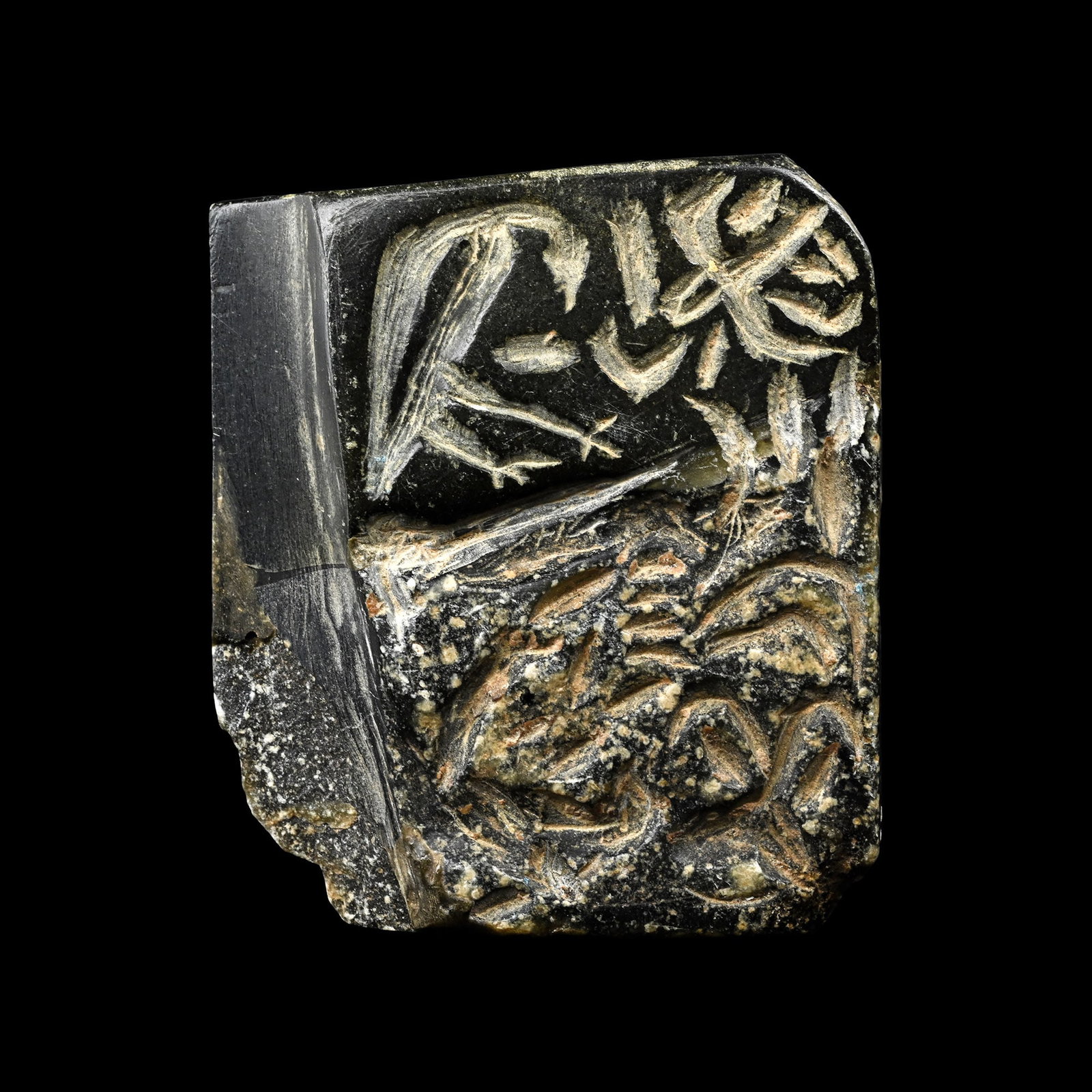 Mesopotamian Black Stone Seal with Lion: 2nd-1st millennium B.C. Rectangular in profile with carved detailing; obverse with a standing figure in ankle-length robe, bearded head turned; dividing rib beside an advancing lion with mouth open; r