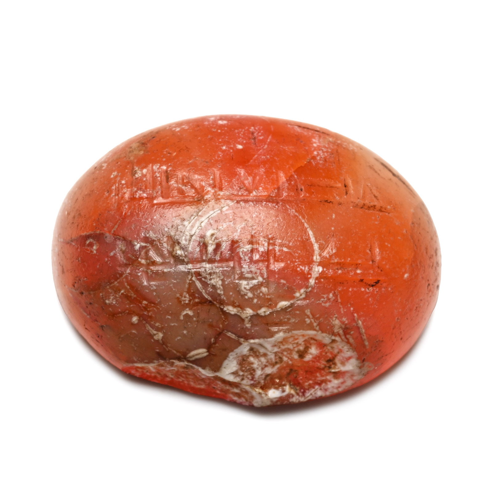 Western Asiatic Carnelian Gemstone with Calligraphic Text: Circa 12th-14th century A.D. Domed type with incuse legend to the upper face in two lines of Naskh script; supplied with a museum-quality impression. 1.25 grams, 15 mm (5/8 in.). [No Reserve] From the
