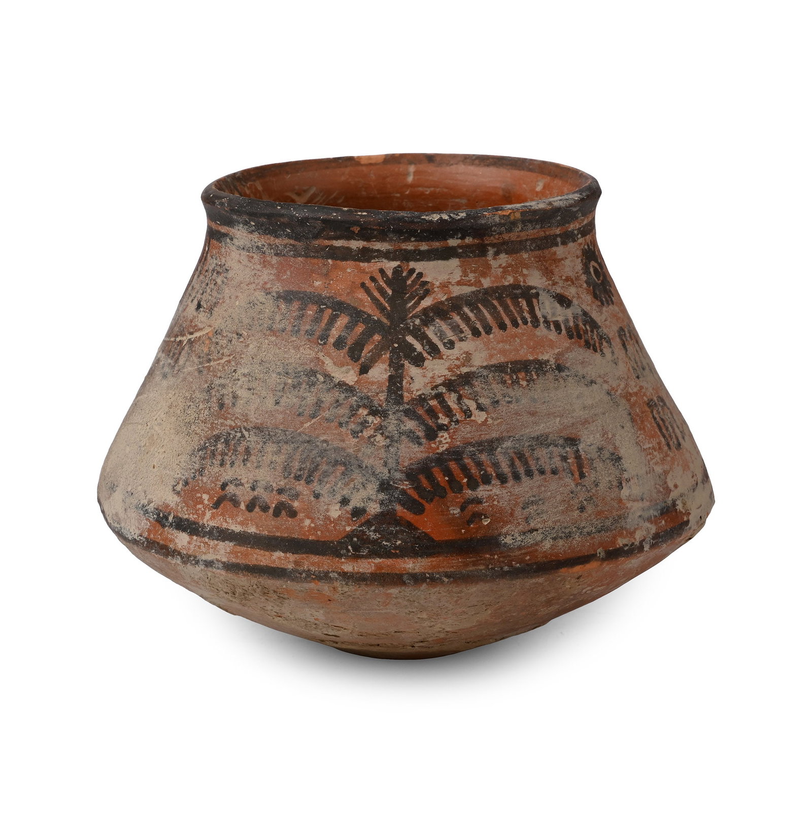 Indus Valley Terracotta Vessel with Zebu and Palm: 3rd millennium B.C. Biconical vessel with a narrow foot, painted zebu before a small tree on one side and the other side with a large palm tree. 376 grams, 13.5 cm (5 3/8 in.). Ex Abelita collection, 