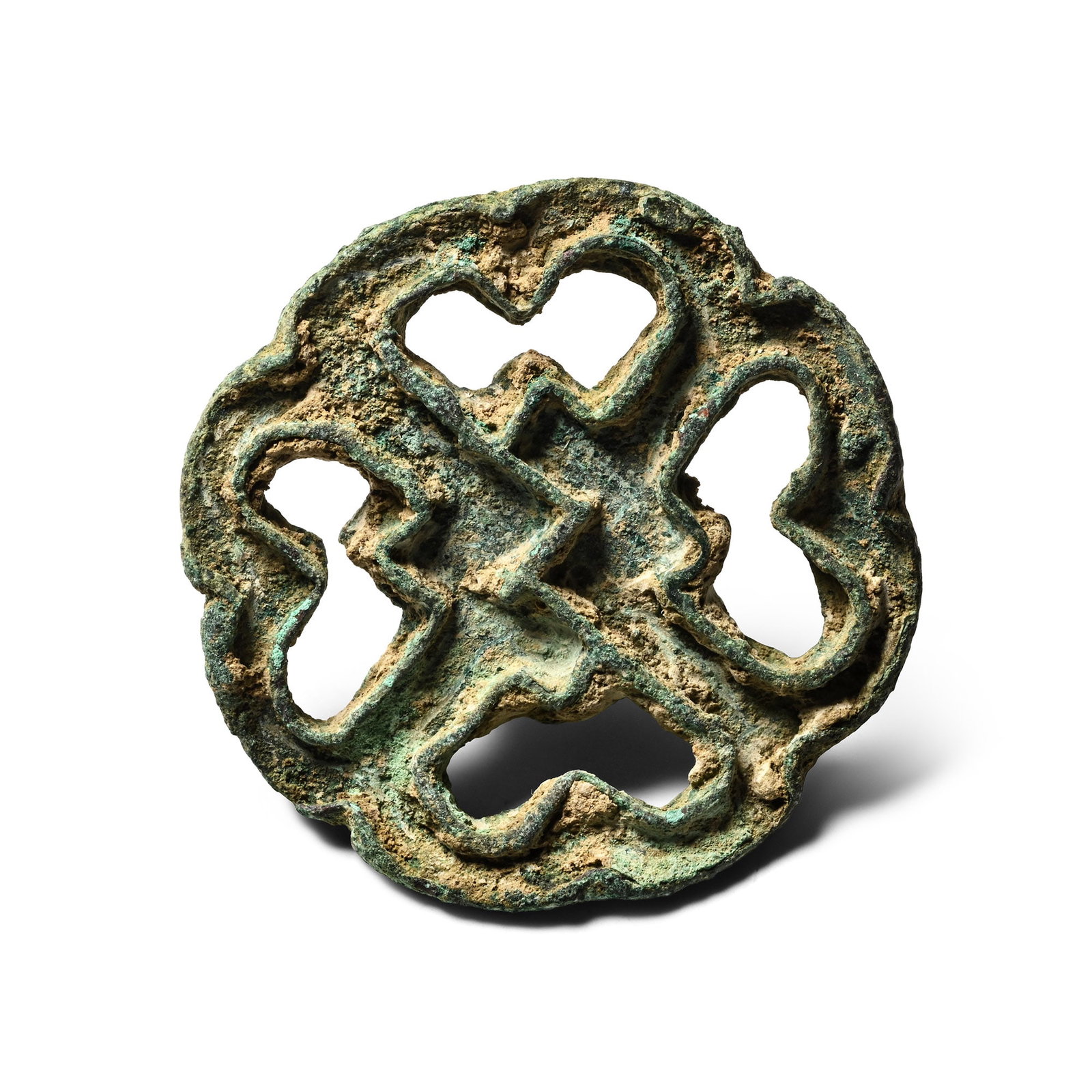 Large West Central Asian Bronze Scalloped Seal Matrix with Thunderbolt Cross: Circa 2300-2000 B.C. Round openwork body with loop on the reverse, accompanied by an old scholarly note, typed and signed by W.G. Lambert, late Professor of Assyriology, University of Birmingham, 1970