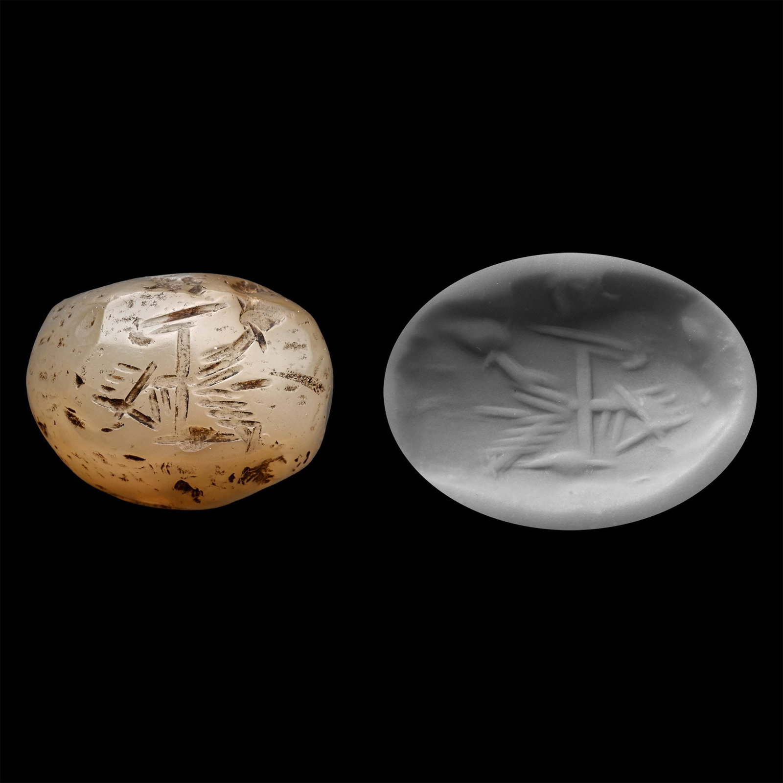 Eastern Sasanian Engraved Chalcedony Stamp Seal: 5th-6th century A.D. Plano-convex seal pierced through the body, the underside with a stylised figure. 12.3 grams, 23 mm (7/8 in.). Ex private French collection of Mr M., 1980s. UK private collection,