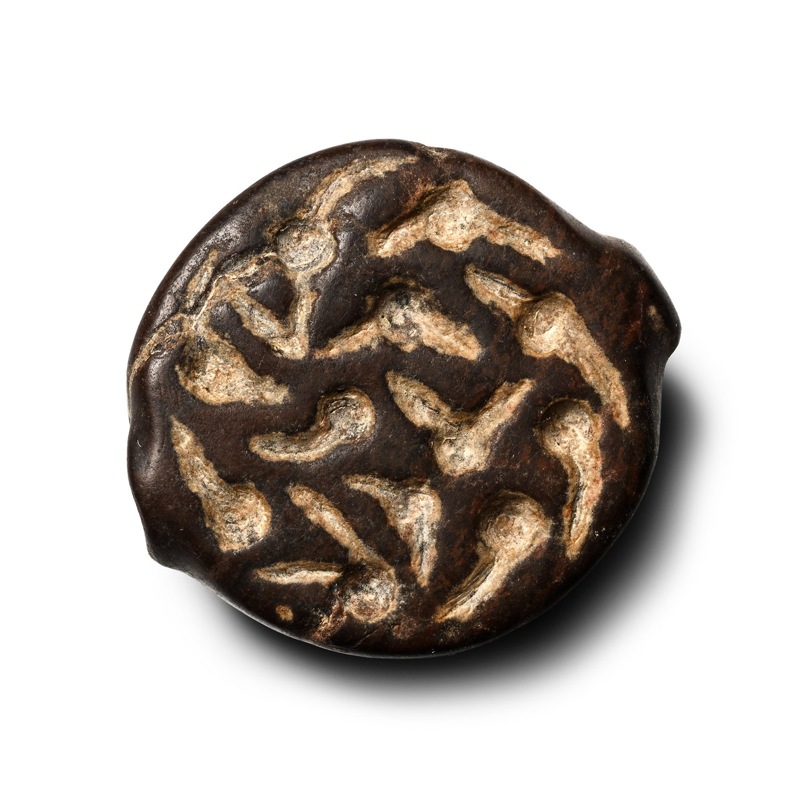 Large Bactrian Pierced Stone Seal: 2700-1400 B.C. Domed body with deeply engraved underside with abstract motifs, drilled for suspension. Cf. a similar seal in Salvatori, S., ?Bactria and Margiana seals: A new Assessment of Their Chron