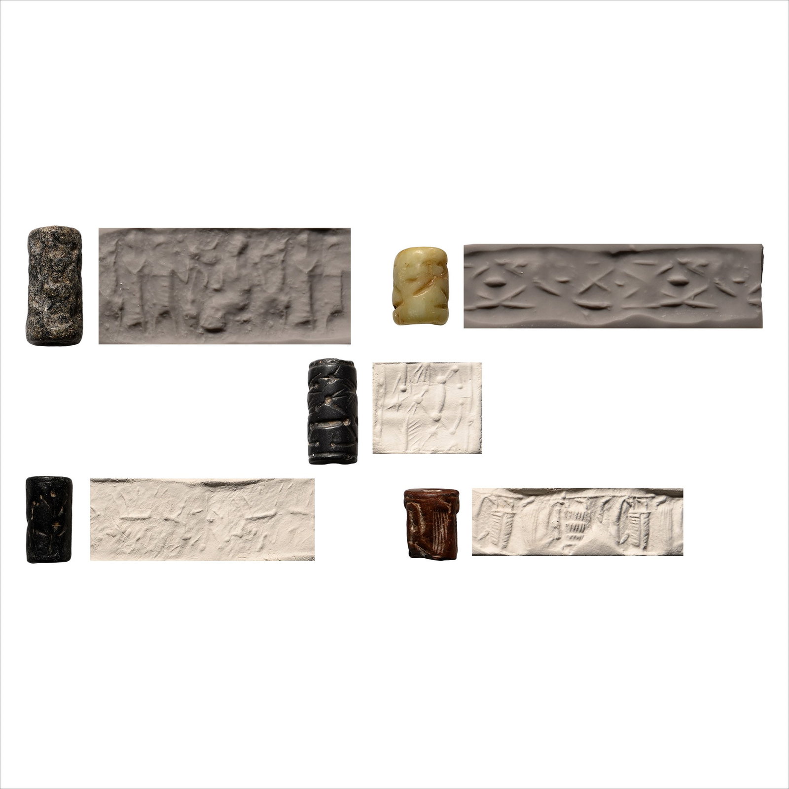 Western Asiatic Stone Cylinder Seal Group: 2nd-1st millennium B.C. Comprising: a steatite seal with three figures to the right offering to a deity on a throne, filler motifs including a sun disc; a light green soapstone with a stylised eagle o
