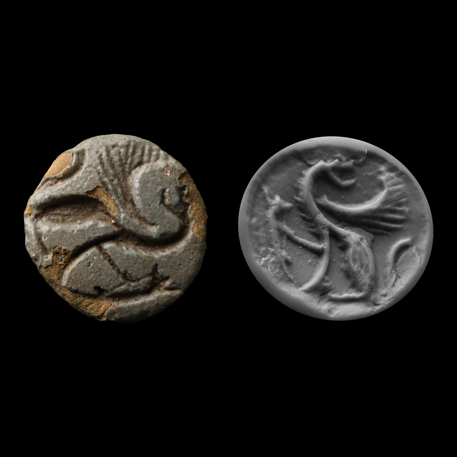 Mycenaean Glazed Terracotta Conical Shaped Stamp Seal with Animal: Circa 1st millennium B.C. Conical body pierced through the top, the underside with an incuse seated beast with open wings facing back; accompanied by a museum-quality impression. 4.55 grams, 20 mm wid