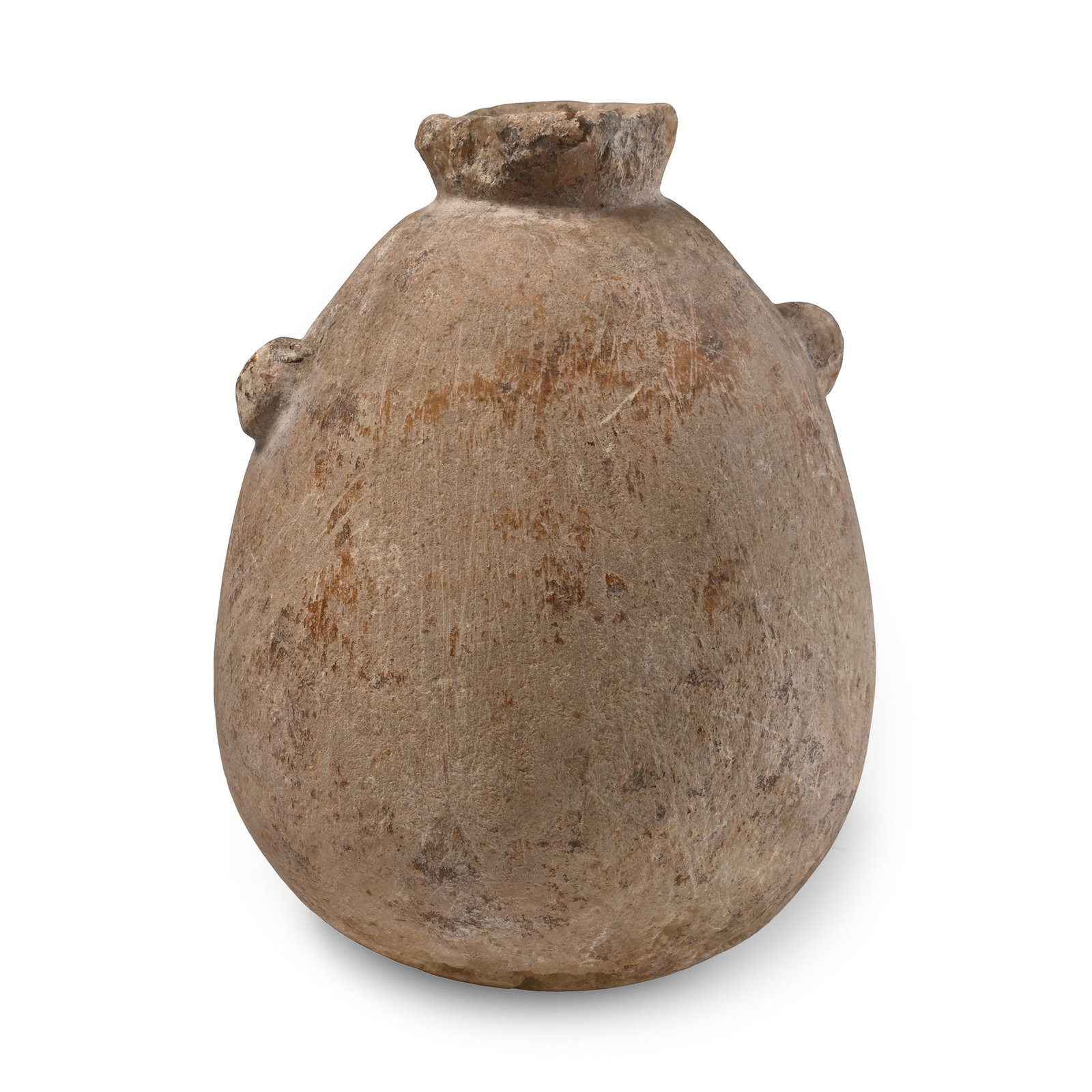 Western Asiatic Alabaster Vessel with Lug Handles: 2nd-1st millennium B.C. Carved bag-shaped body with two lateral unpierced lug handles at the shoulder, flared rim to the mouth. Cf. Aston, B.G., Ancient Egyptian Stone Vessels: Materials and Forms, SA