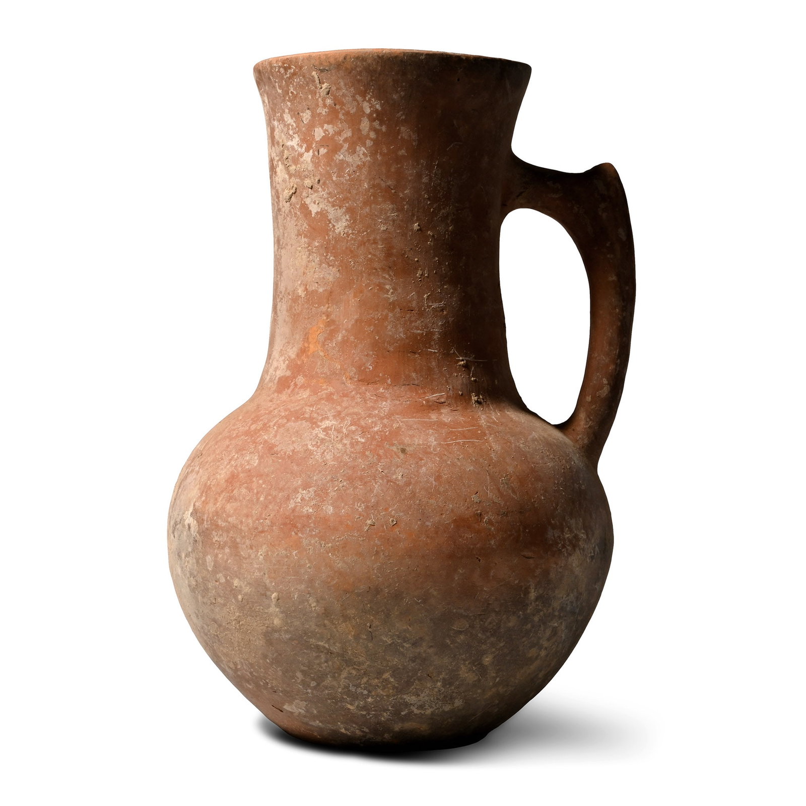 Western Asiatic Pottery Vessel with Handle: 1st millennium B.C. Bulbous body with flat base and a tall funicular neck, single handle to the rear. 614 grams, 21 cm (8 1/4 in.). From an important specialist collection, London, UK, 1990s. TimeLine