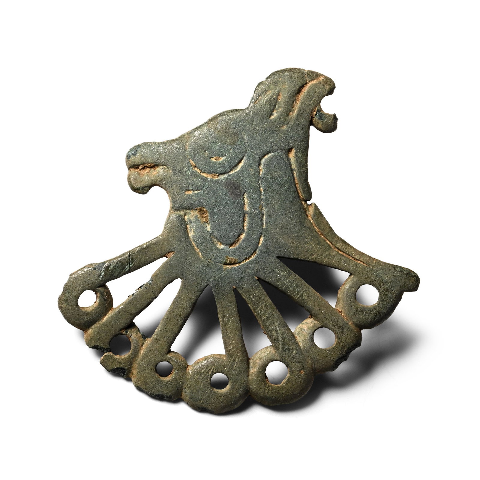 Large West Central Asian Bronze Decorative Bird of Prey Mount: Circa 1000-200 B.C. Depicting the head of a bird with a large loop on the reverse, accompanied by an old scholarly note, typed and signed by W.G. Lambert, late Professor of Assyriology, University of 