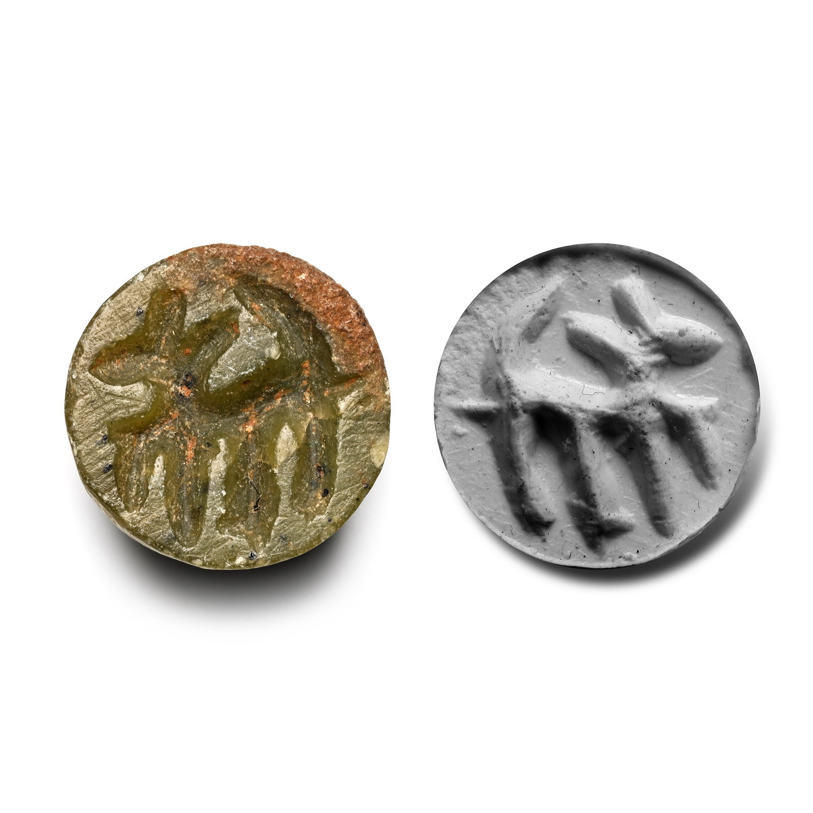 Sasanian Stone Seal with Animal: Circa 4th-6th century B.C. Domed body with transverse piercing, the underside with a deeply engraved image of a stylised standing animal with long ears and erect tail; supplied with museum-quality imp