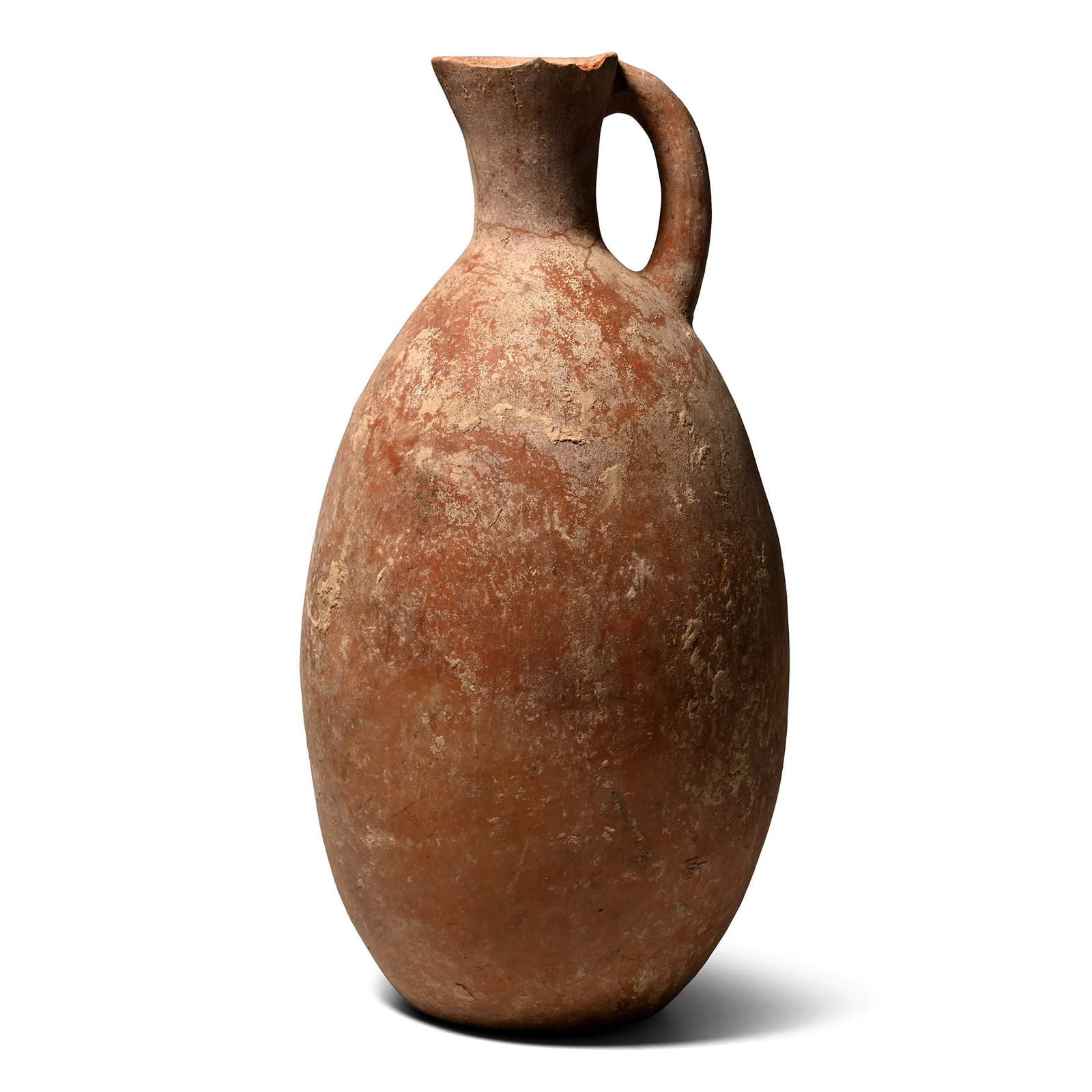 Large Western Asiatic Pottery Vessel: 1st millennium B.C. Tall bulbous body with flattened base, short trumpet-shaped neck and a single handle to the rear. 760 grams, 27 cm (10 5/8 in.). From an important specialist collection, London, UK