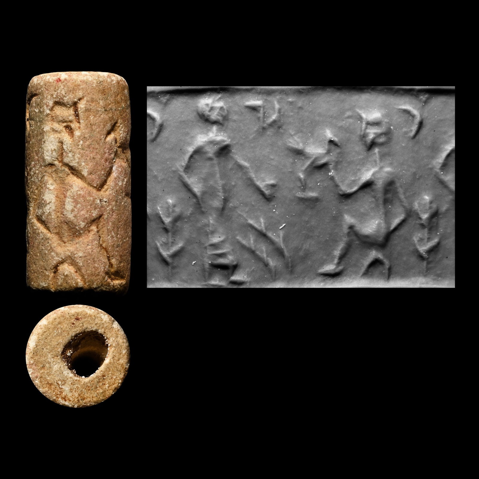 Western Asiatic Cream Stone Cylinder Seal Figural Scene: Circa 1400-1300 B.C. With a frieze depicting a standing figure in a knee-length kilt, one arm extended towards a seated figure with a bent arm and perching bird; supplied with an old collector's recor
