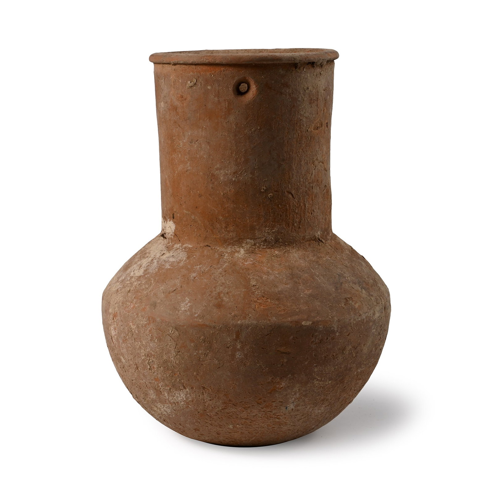 Large Luristan Terracotta Storage Vessel: 1st millennium B.C. Squat body with funicular neck and rolled rim, the upper part of the neck with two piercings. 900 grams, 21.5 cm (8 1/2 in.). Acquired on the UK art market before 2000. Property of