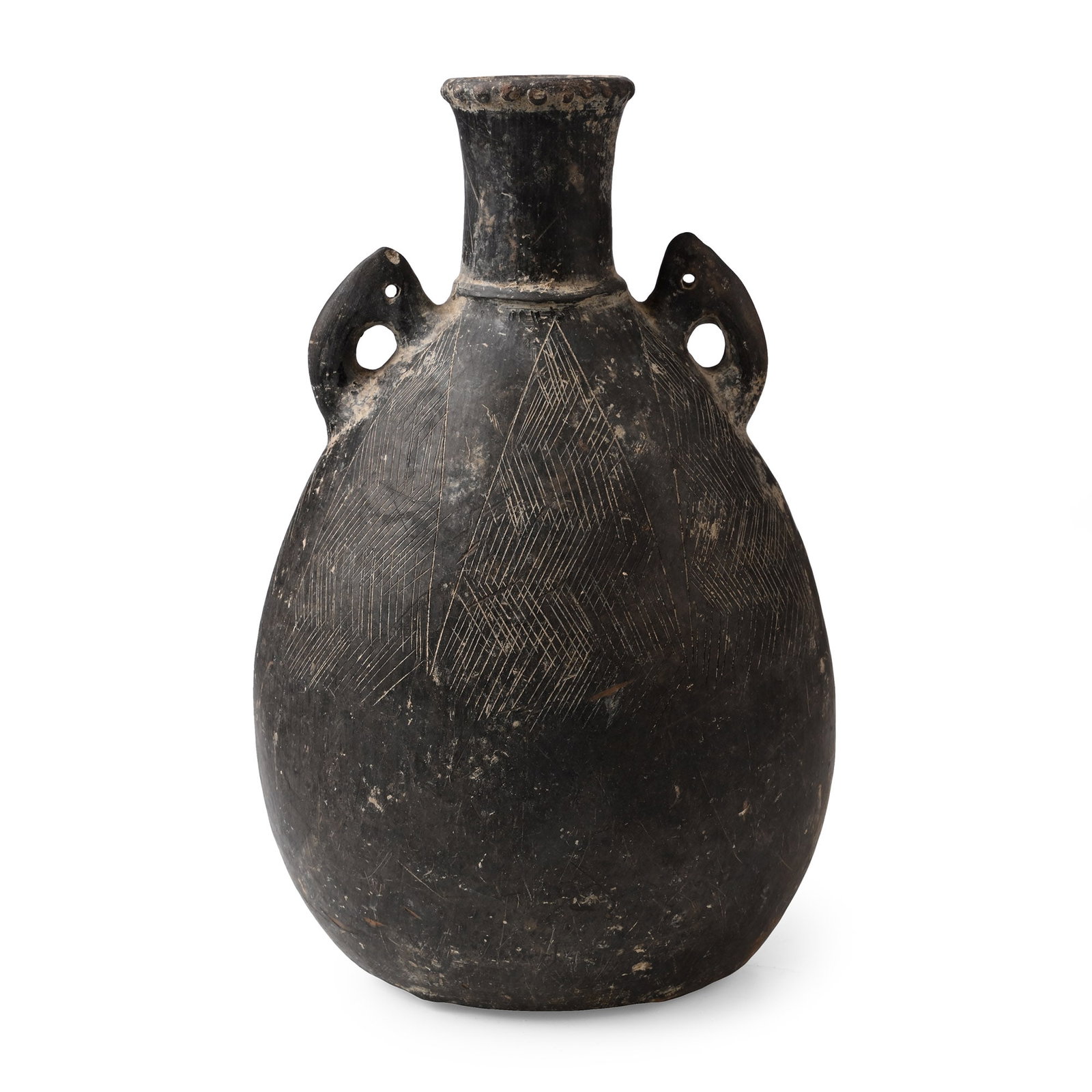 Eastern Mediterranean Terracotta Handled Vase with Engraved Zig-Zag Panels: 1st millennium B.C. Ovoid body with tall tubular neck with rolled rim, two pierced handles on the shoulder, and a raised collar beneath the neck, the upper body decorated with triangular panels with h