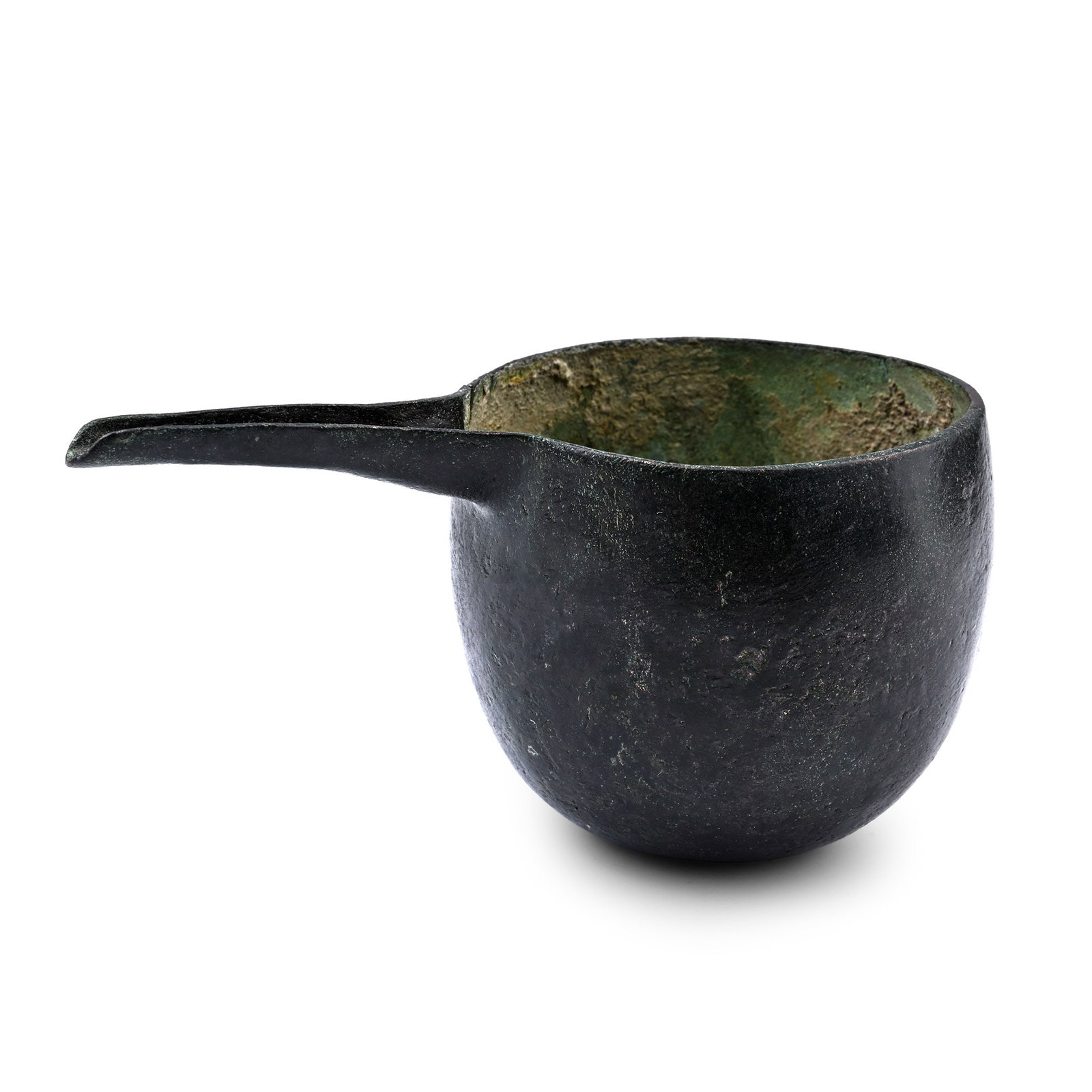 Western Asiatic Bronze Pouring Vessel: 1st millennium B.C. Barrel-shaped in profile with concentric rings to the base, tapering U-section spout to the rim. 130 grams, 12.1 cm (4 3/4 in.). Ex Abelita family collection, 1980s-2000s. TimeLine