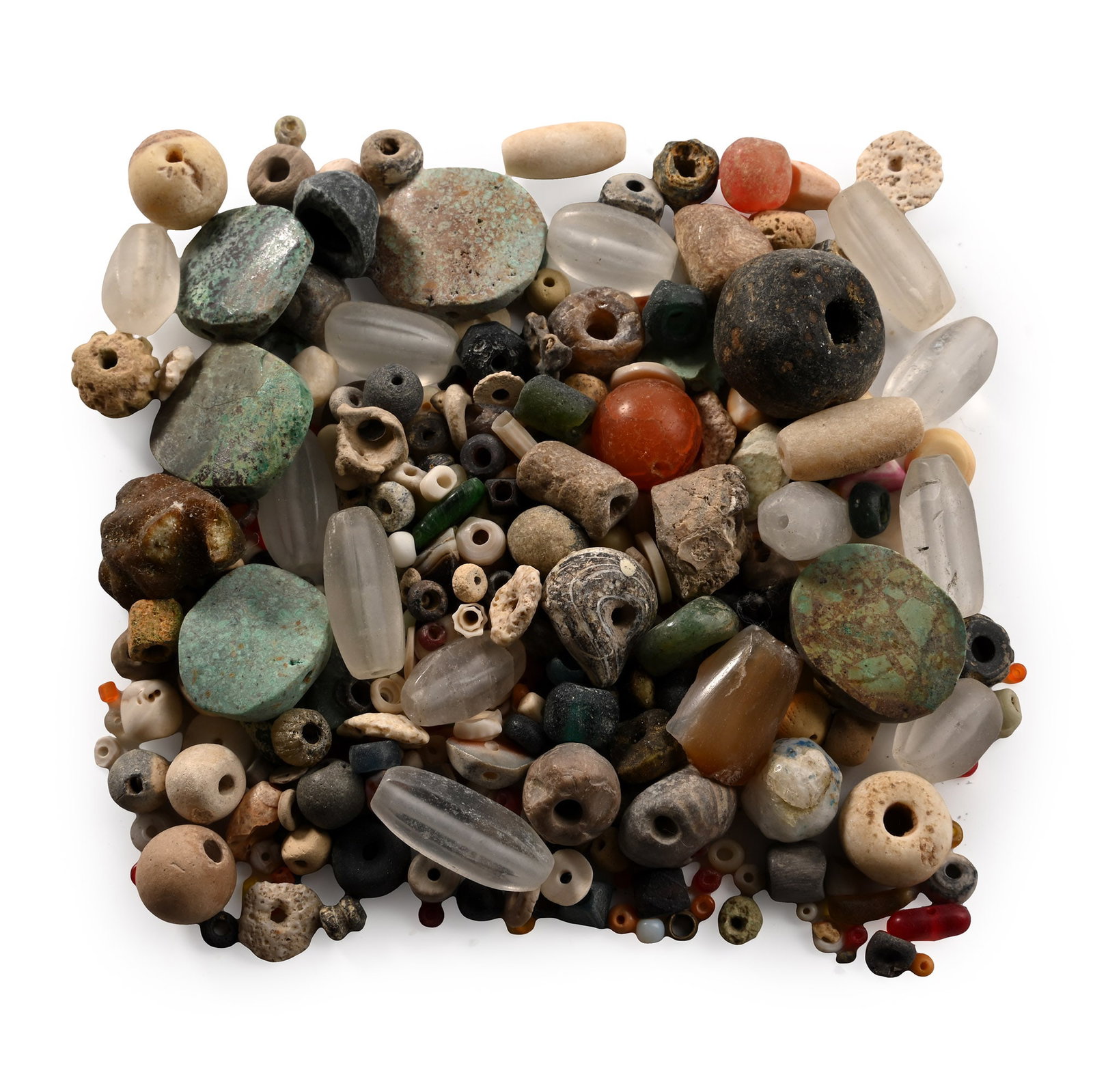Western Asiatic and Other Bead Group: 1st millennium B.C. and later. Mixed group of beads, mainly in glass and stone. 136 grams total, 1-22 mm (1/8 - 7/8 in.). [No Reserve] Acquired in the 1990s. Ex London, UK, collection. TimeLine Auctio
