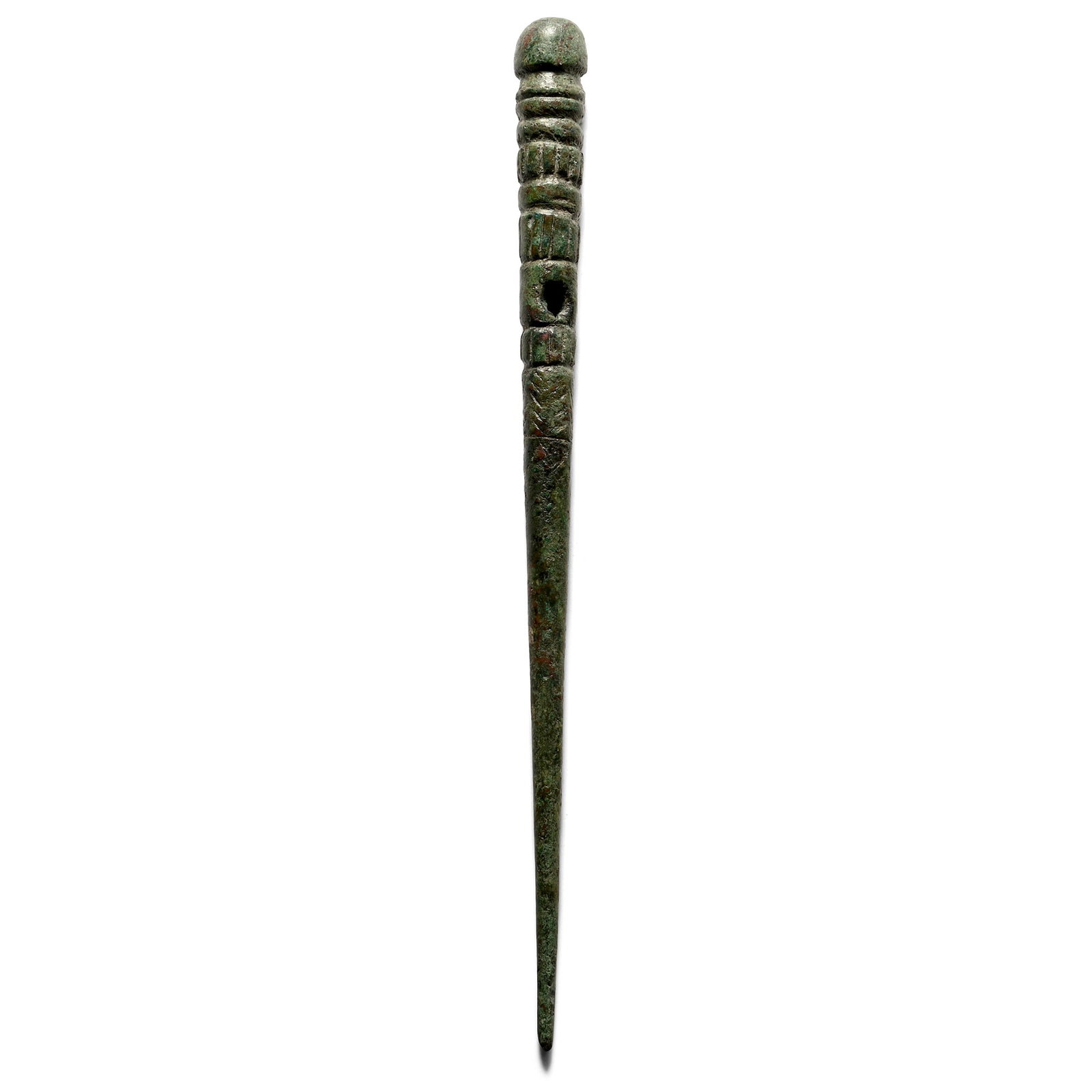 Luristan Bronze Cloak Pin: 2nd-1st millennium B.C. With tapering shank and segmented head, bands of hatched and other ornament, pierced to accept a ring. 60.6 grams, 16.6 cm (6 1/2 in.). [No Reserve] From the private collection