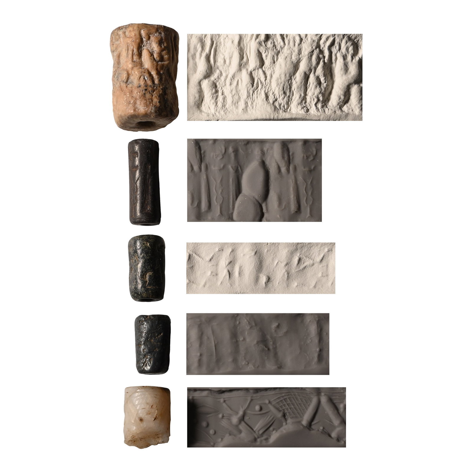 Western Asiatic Stone Cylinder Seal Group: 3rd-1st millennium B.C. Comprising: a limestone seal showing lions and bulls in combat; a hematite seal with a seated deity with an axe, and a standing adorant; a hematite seal with two adorants befor