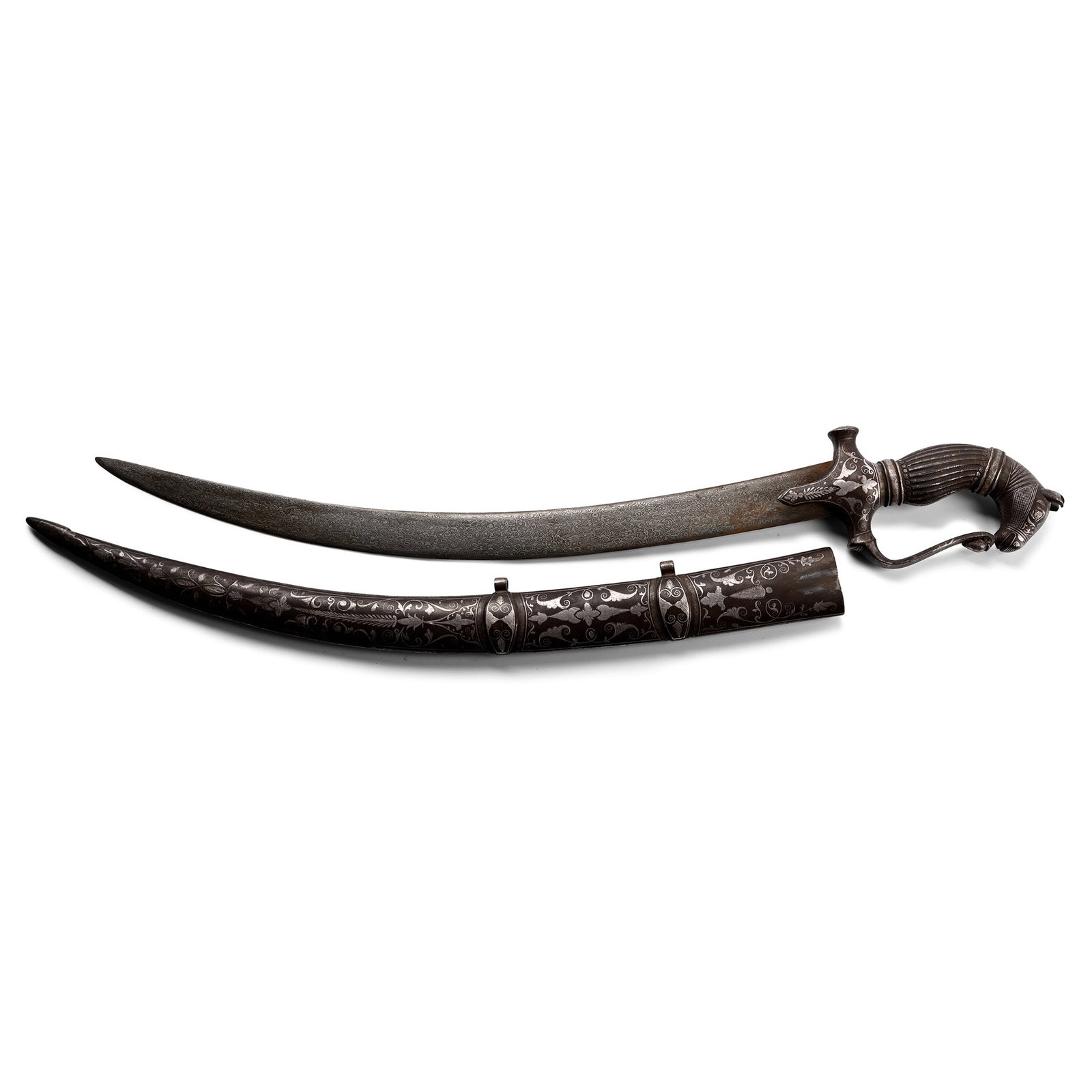 Indo-Persian Inlaid Iron Talwar with Scabbard: Early-mid 20th century A.D. Comprising a curved damascened steel blade, hilt with horse-head pommel, knuckle-guard and stub quilolons; scabbard with two suspension points, inlaid white-metal detailing