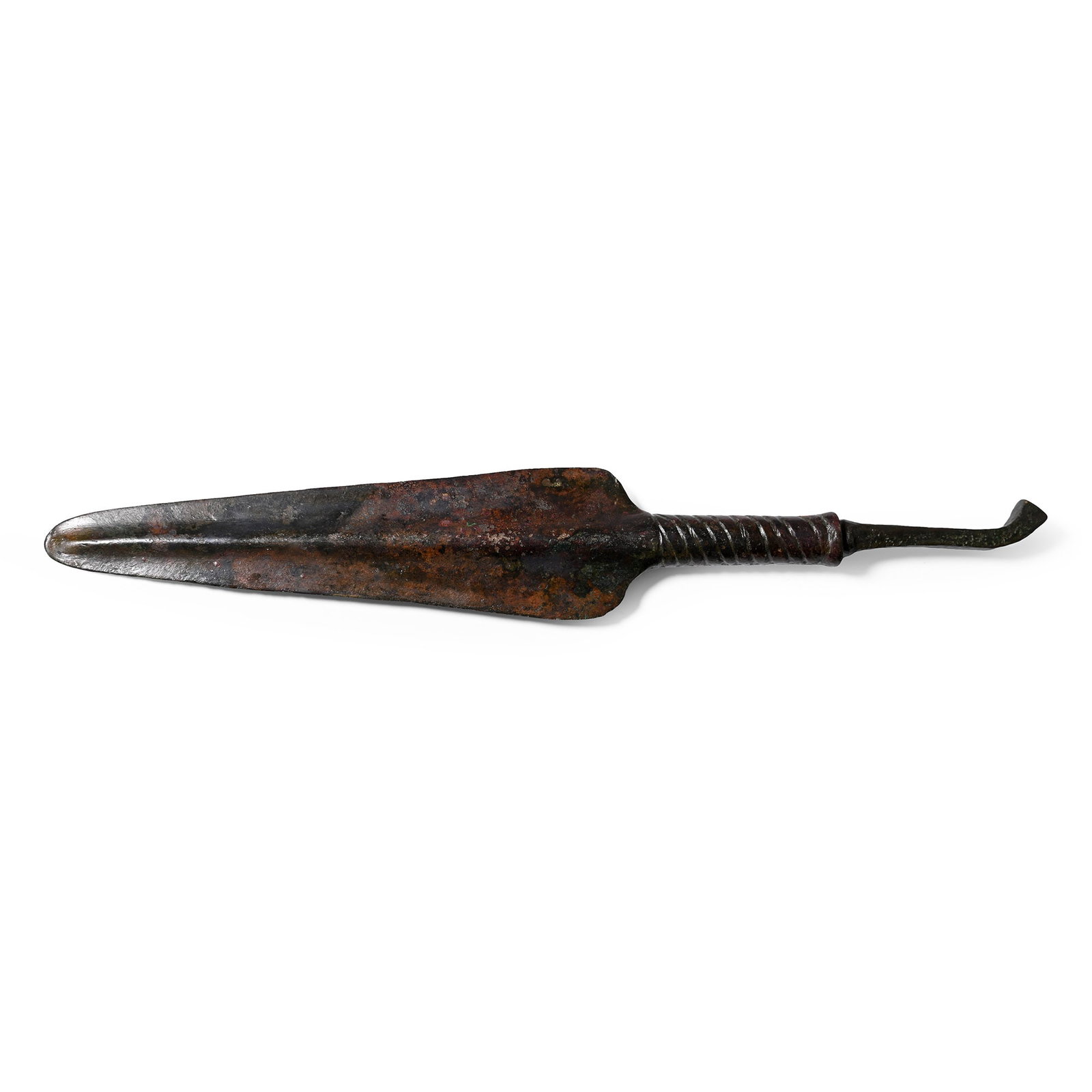 Western Asiatic Bronze Spear Blade: 2nd-1st millennium B.C. Comprising a triangular blade with a rounded tip, a flaring neck with incised barleytwist detailing, and a square-section tang with bent tip. Cf. Khorasani, M.M., Arms and Armo