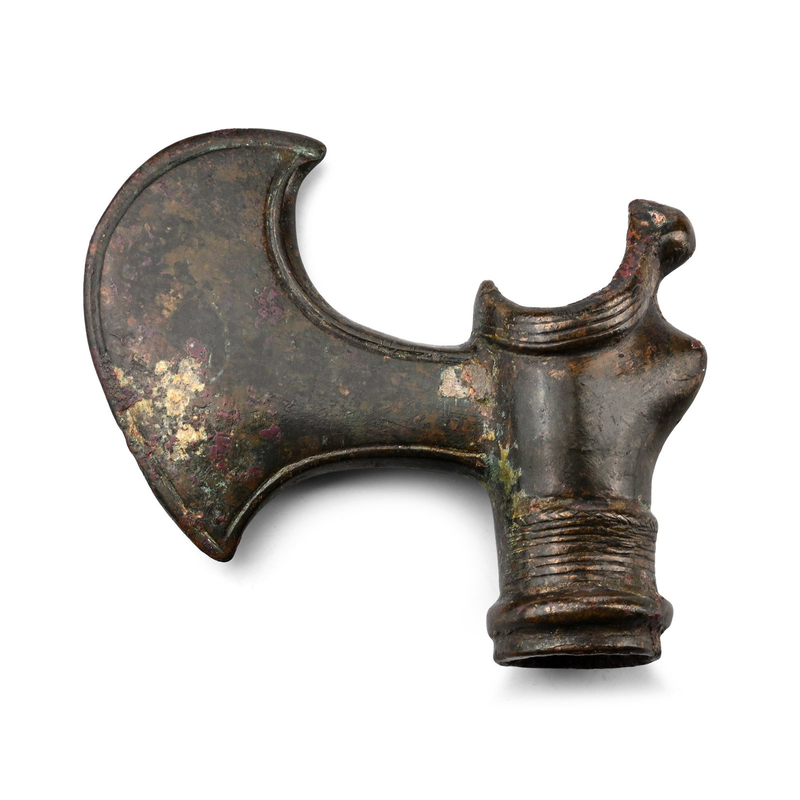 Luristan Bronze Socketted Axehead: Circa 2200-1600 B.C. Curving blade and a tubular socket with decorative collars. Cf. Gorelik, M., Weapons of Ancient East, IV millennium BC-IV century BC, Saint Petersburg, 2003, pl.XXI, nos.51,67, fo