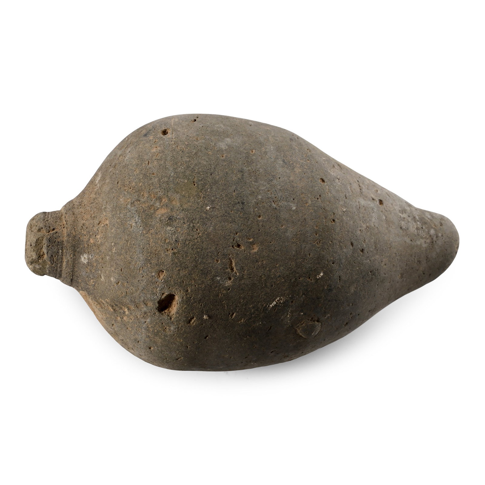 Byzantine 'Greek Fire' Ceramic Fire Bomb or Hand Grenade: 9th-11th century A.D. Piriform body with domed filler-hole; intended to be filled with explosive liquid and a wick, and used as a hand grenade. Cf. Arendt, W. I., Granaten des 13-14. Jahrhunderts, die