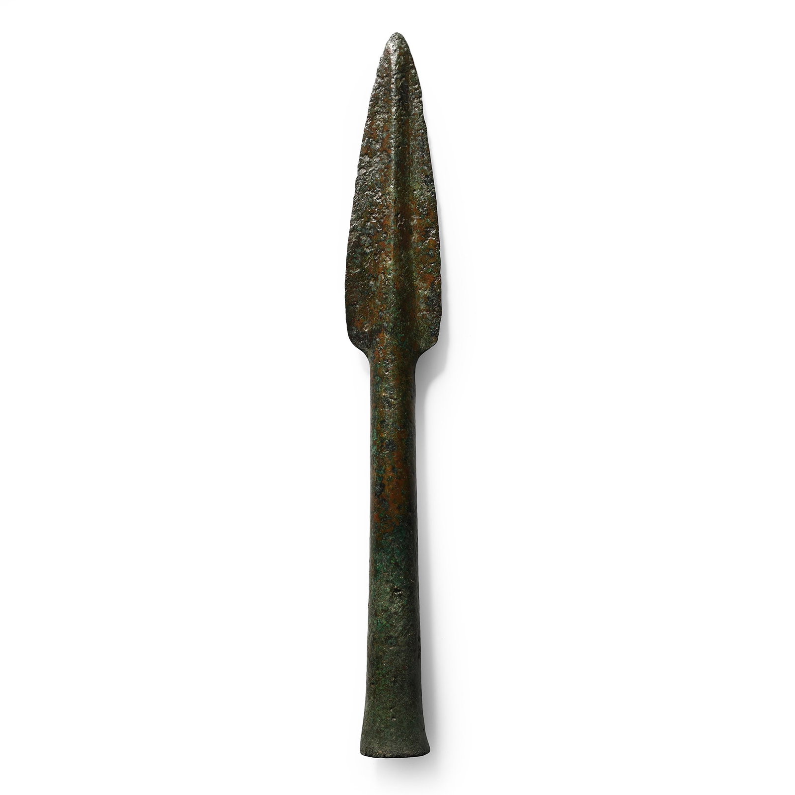 Western Asiatic Bronze Socketted Spearhead: 2nd-1st millennium B.C. Comprising a leaf-shaped blade with a midrib, a long tapering socket with a flared mouth. See Khorasani, M.M., Arms and Armour from Iran. The Bronze Age to the End of the Qajar