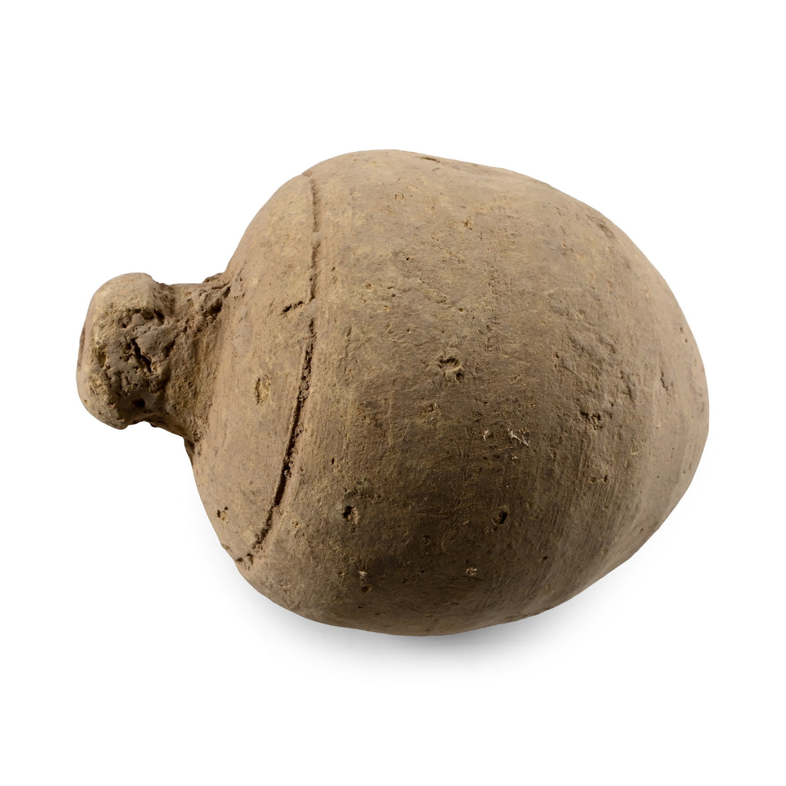 Byzantine 'Greek Fire' Ceramic Fire Bomb or Hand Grenade: 9th-11th century A.D. Ovoid body with pointed base and domed filler-hole, circumferential band above the shoulder; intended to be filled with explosive liquid and a wick, and used as a hand grenade. C