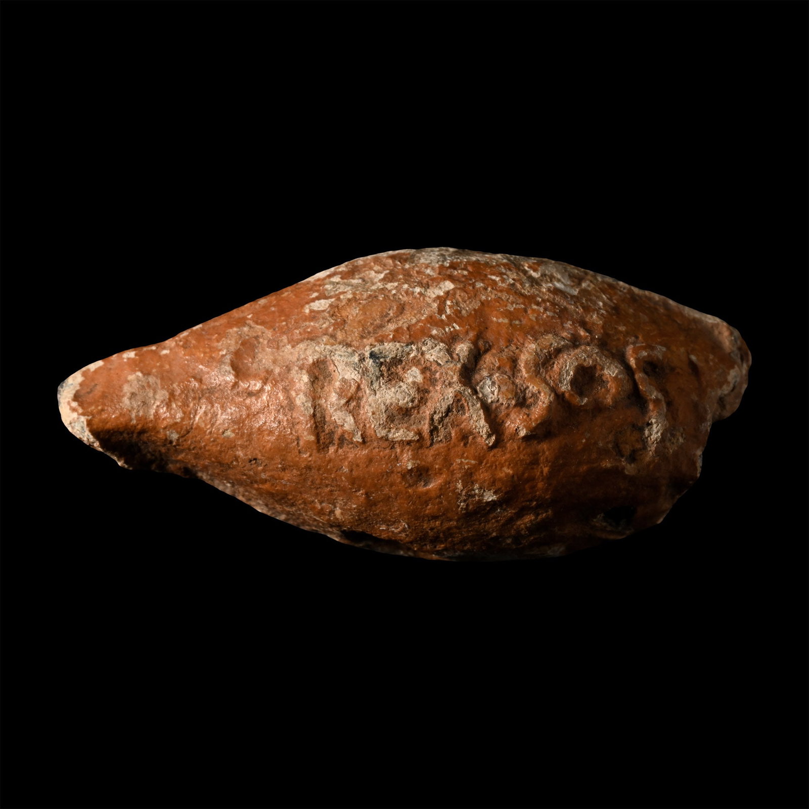 Greek Mauritanian Kingdom Lead Slingshot of King Mastanesosus: Circa 80-49 B.C. Biconical in profile with casting seam and reserved monogram to obverse 'REX?SOS'; Neo-Punic monogram to reverse. Cf. AE 1942/43, no. 53; Marion, J., 'Volubilis: balles de fronde esta