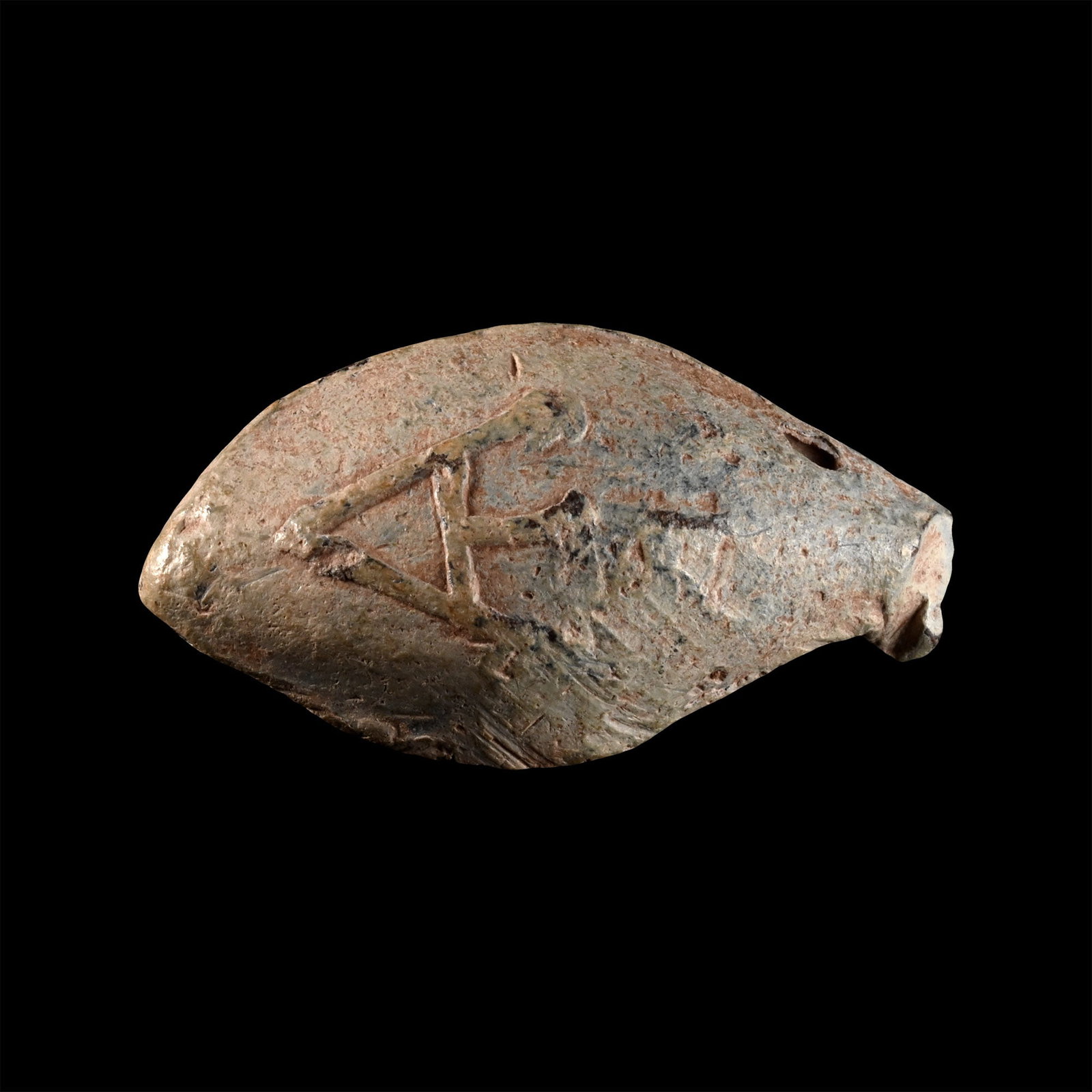Greek Lead Slingshot with Alpha: 1st century B.C. Lenticular type with casting seam to the rim, raised iconic Greek letter A (alpha) on one side, and the other with raised pellets. Cf. Schinco, G., Small, A.M., 'A previously unknown 