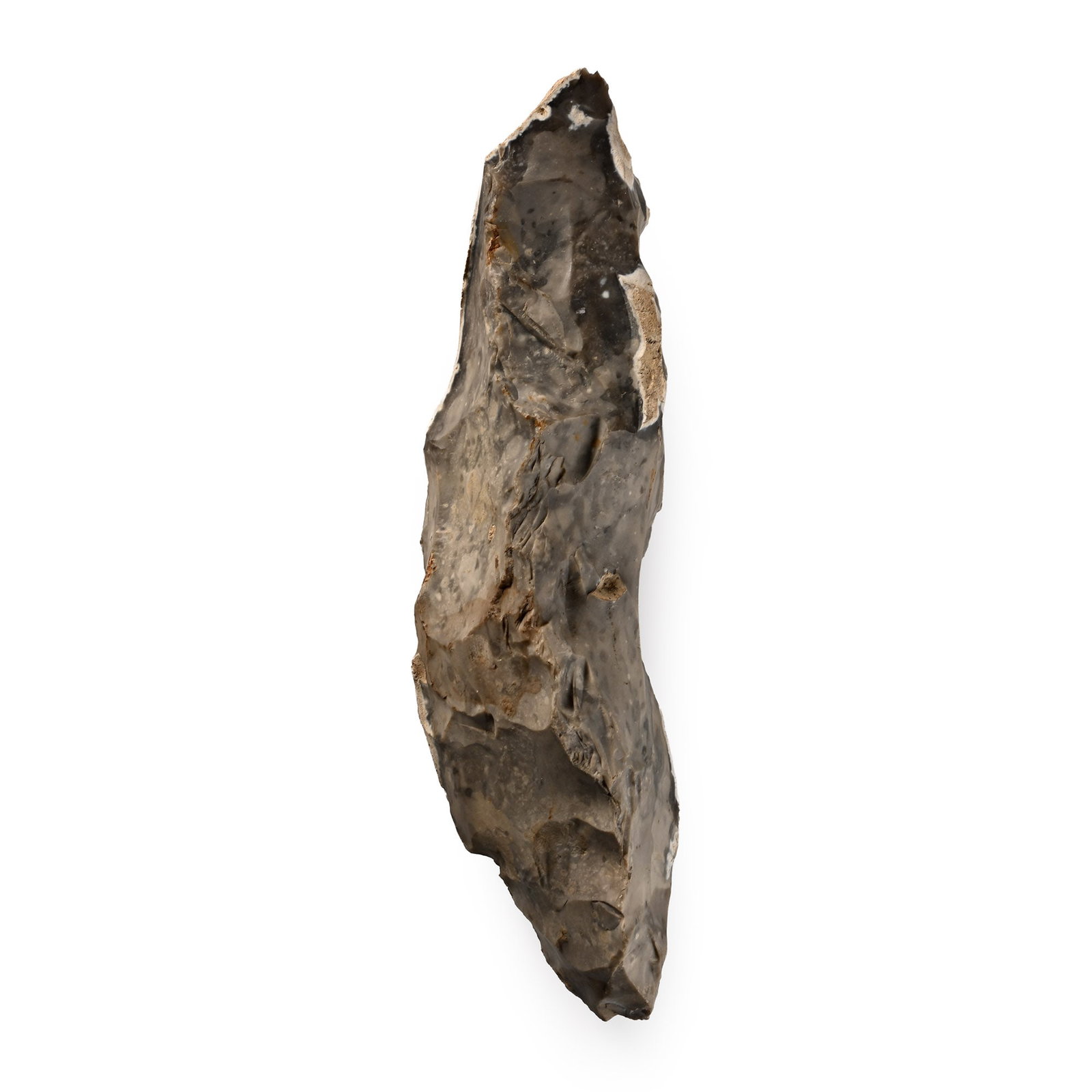 Farnham Very Large Stone Age Knapped Flint Pick: Neolithic Period, circa 6,000 B.P. Roughly triangular in section with broad point; much cortex remaining. 713 grams, 21 cm (8 1/4 in.). [No Reserve] Found during the original official excavations in t