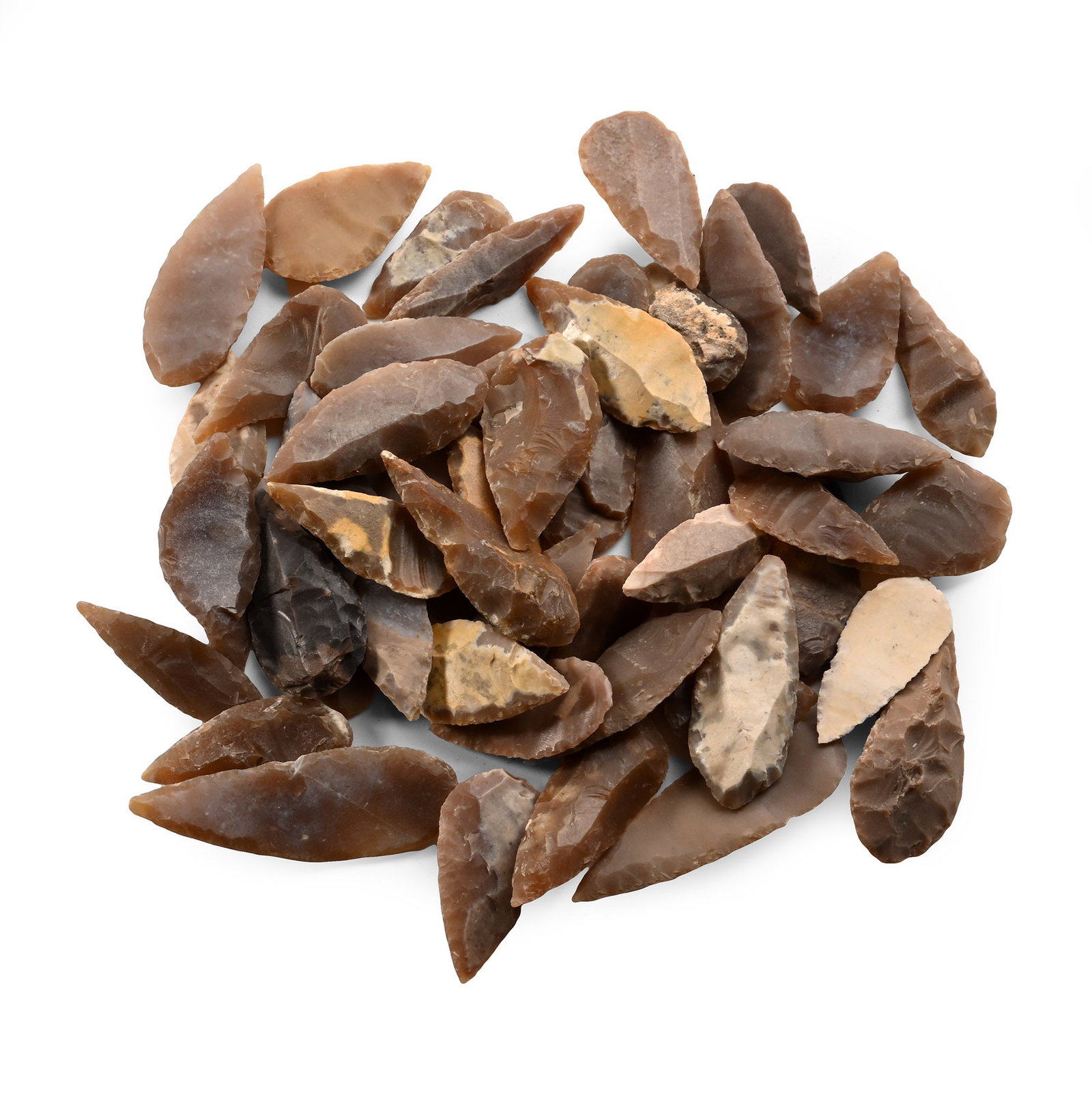 Stone Age Leaf-Shaped Arrowhead Collection: Neolithic Period, 8th-6th millennium B.P. Comprising mostly bifacial and uniface leaf-shaped and piriform flint and chert arrowheads; probably from the Sahara region of North Africa. See Greenwell, D.