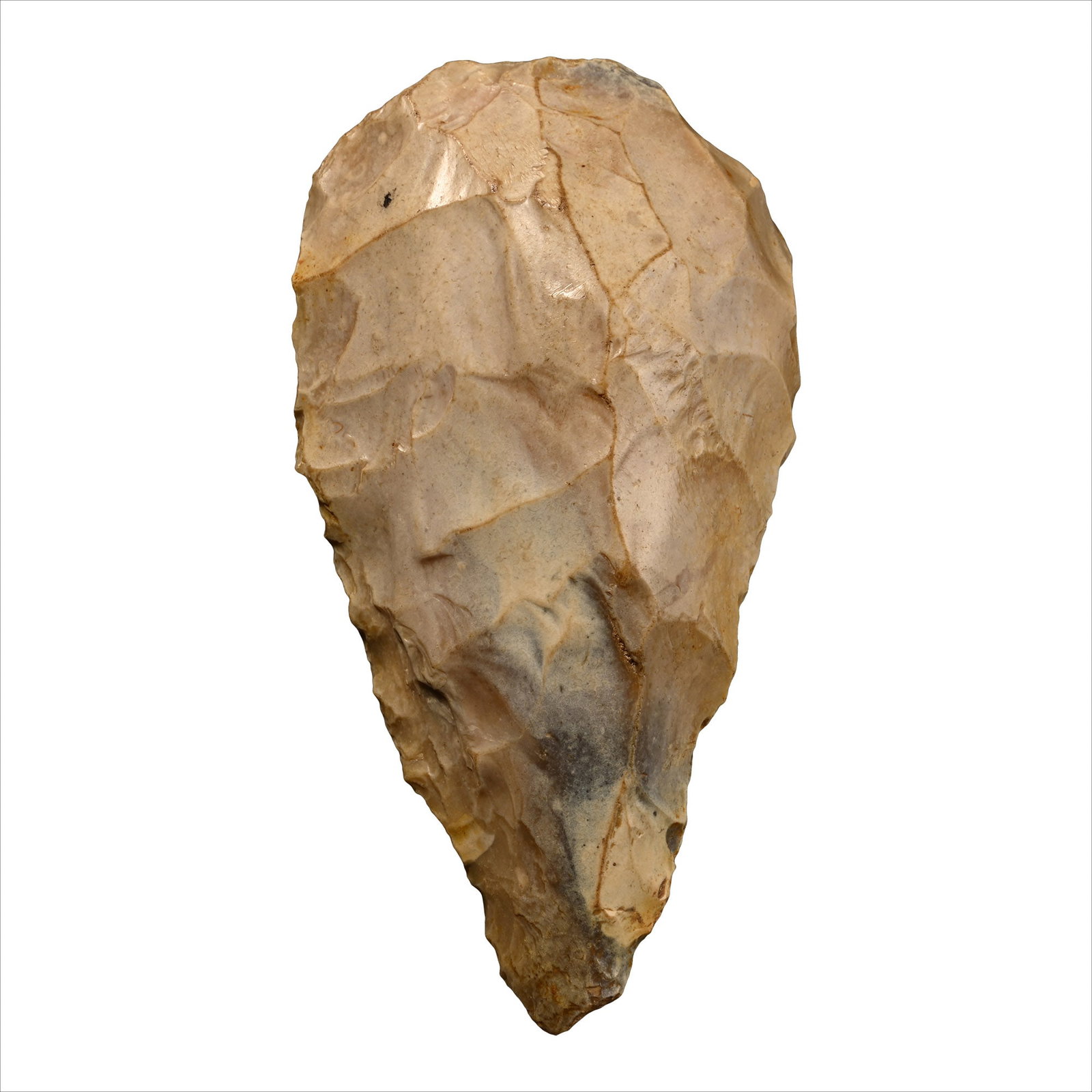 British Stone Age Knapped Flint Axe: Middle Palaeolithic Period, circa 150,000-60,000 B.P. Piriform body with pointed tip, an old handwritten label on one side. 262 grams, 12.3 cm (4 7/8 in.). [No Reserve] Found Test Road, Huzbourough Co